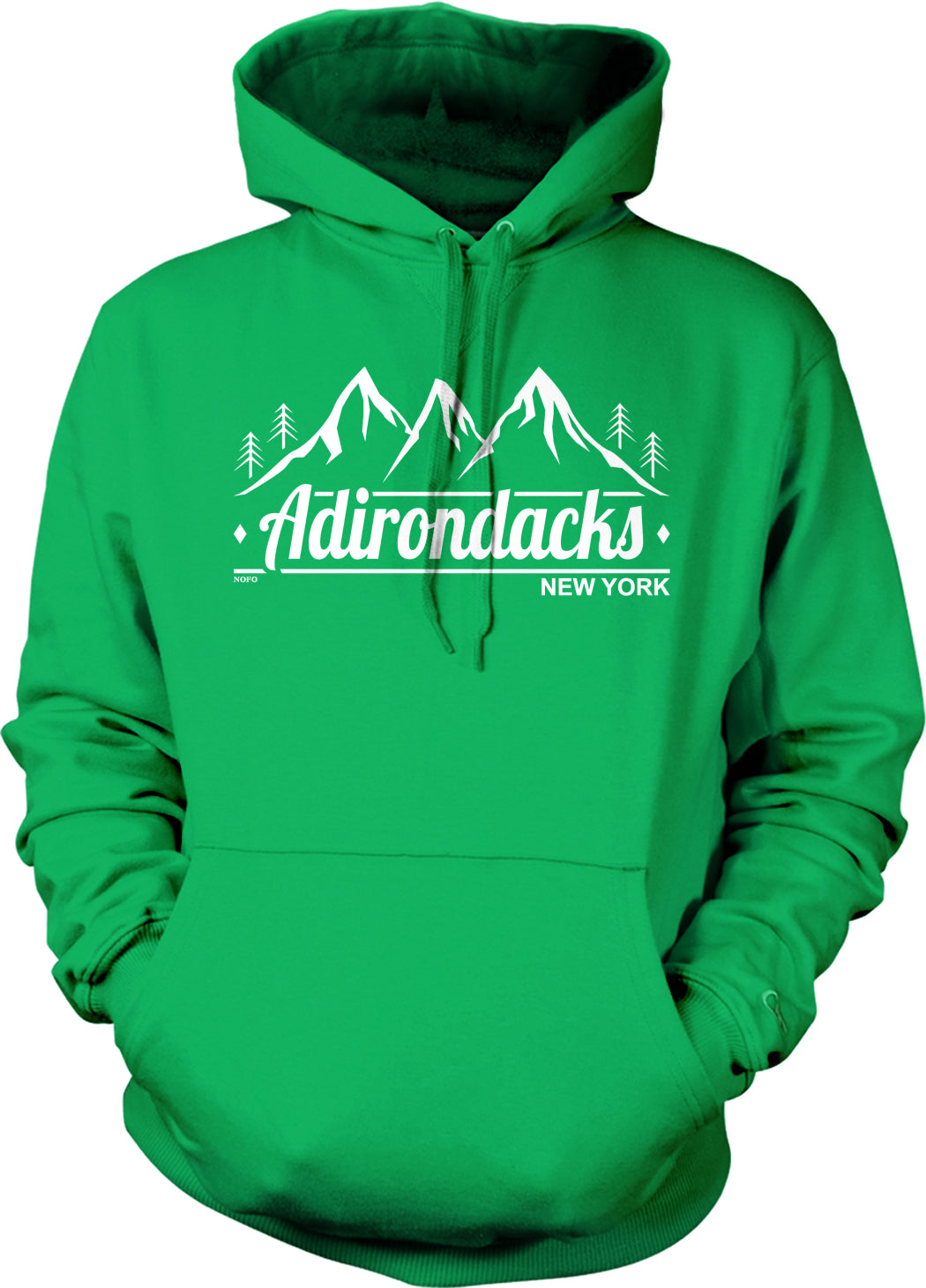 A bright green hoodie with a graphic design featuring mountains and trees.