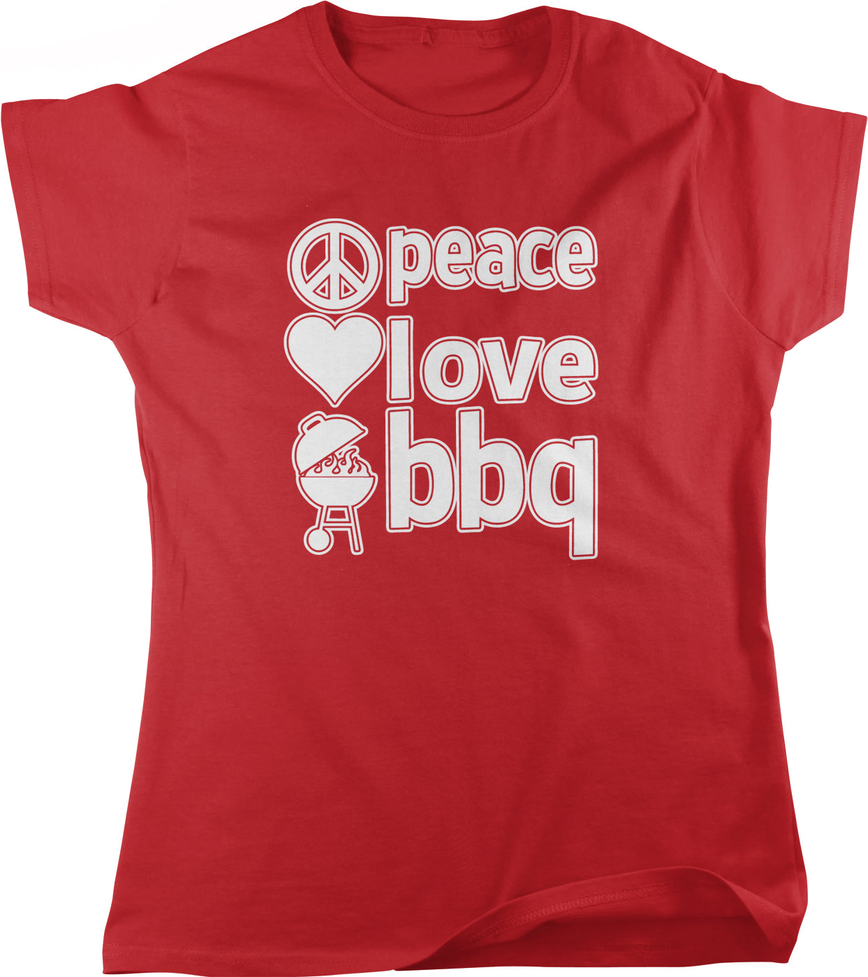 A red t-shirt with white text that says "Peace Love BBQ".