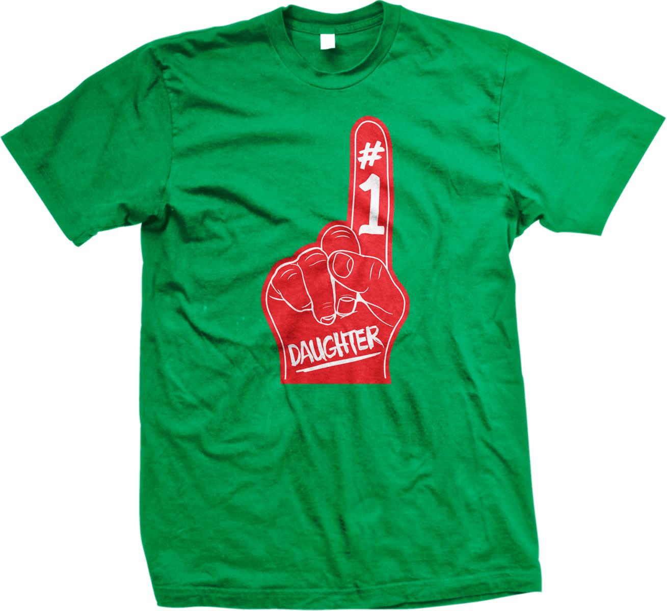 A green t-shirt with a red foam finger graphic and the text "Daughter" printed on it.