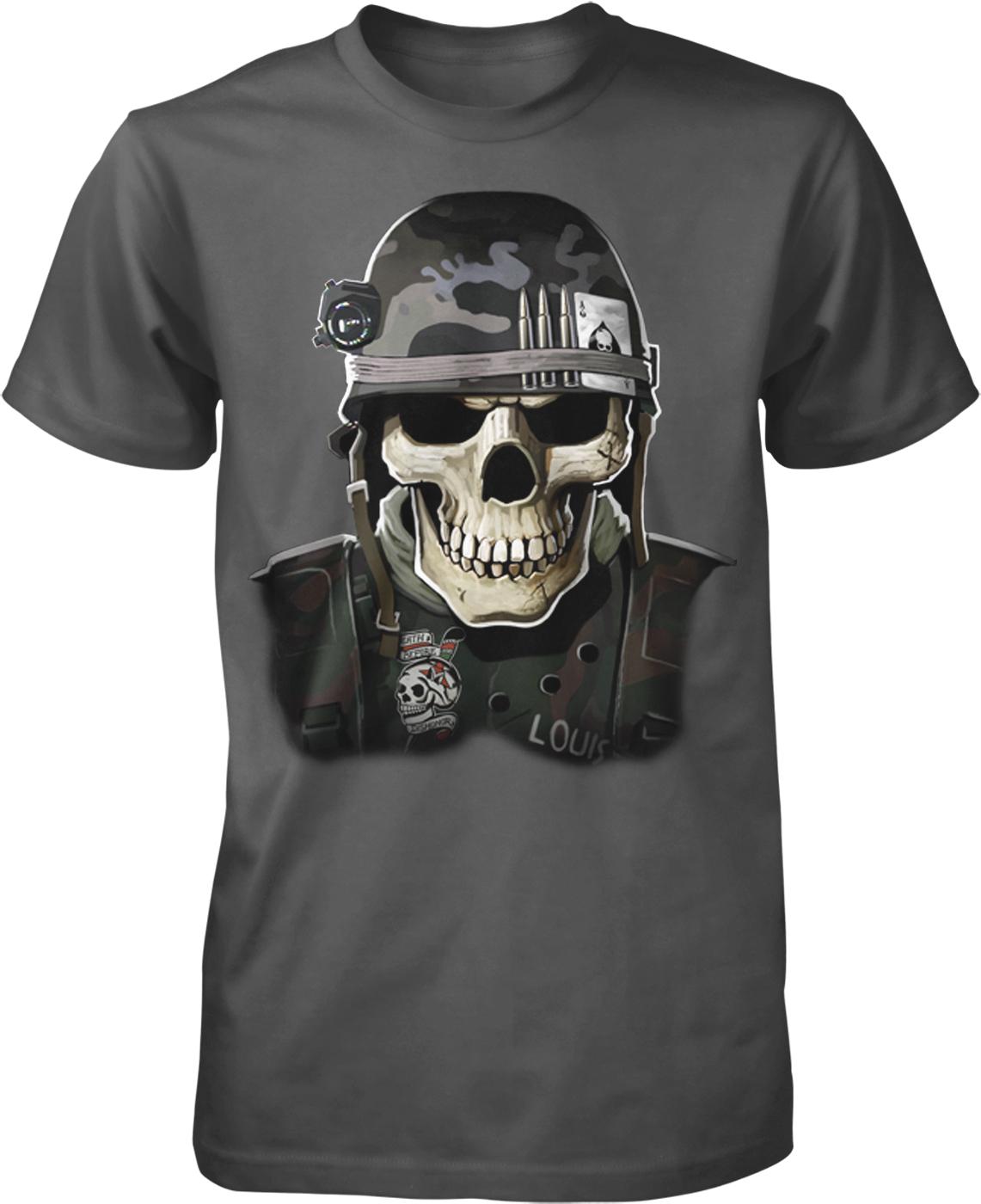 A t-shirt design featuring a skull wearing a military-style helmet and uniform, with the word "LOUIS" visible on the shirt.
