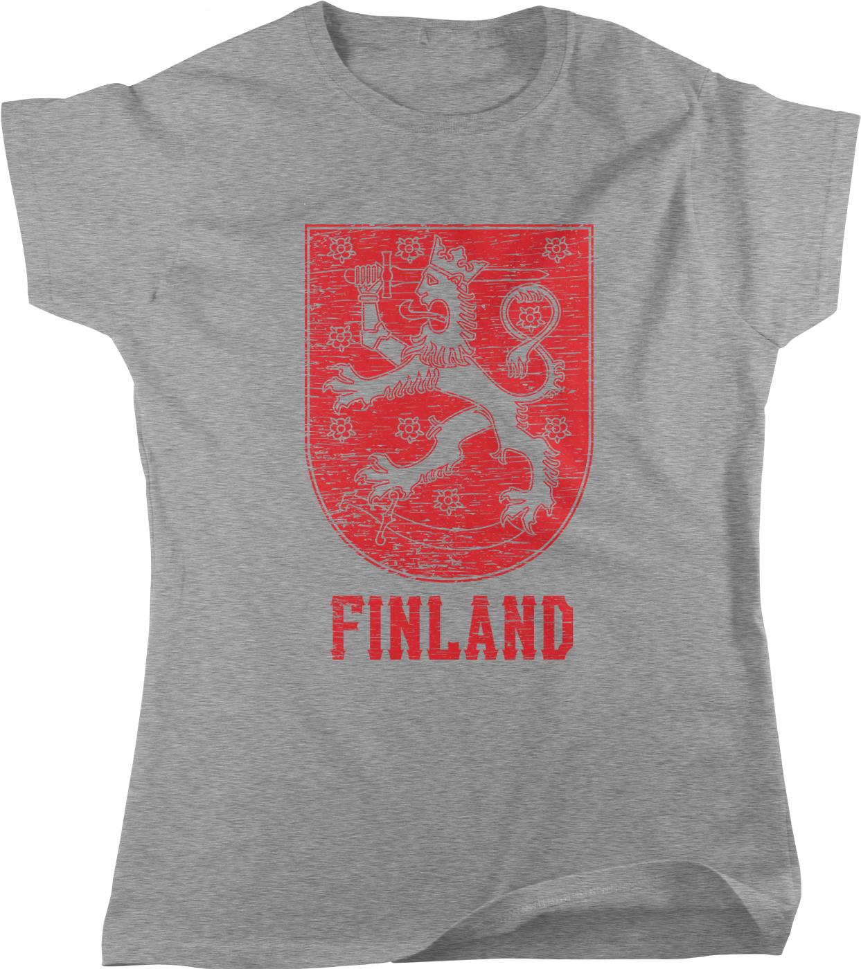 A gray t-shirt with a red graphic design depicting a lion and the word "FINLAND" printed on it.