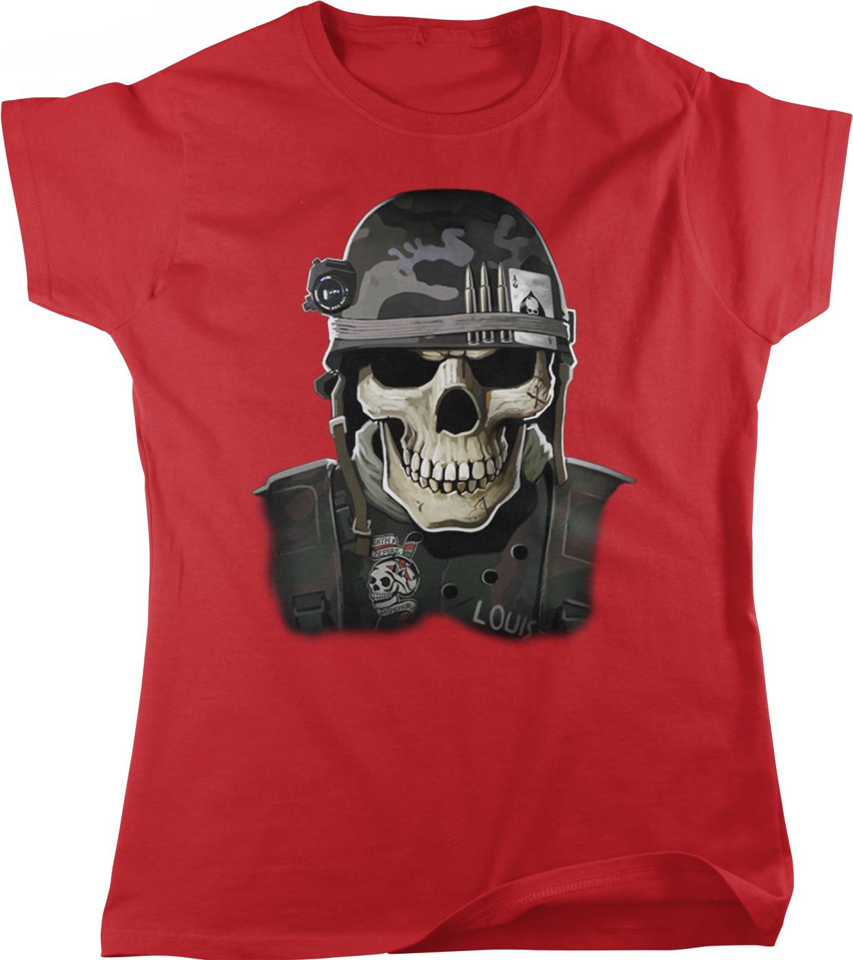 A red t-shirt with a graphic design depicting a skull wearing a military-style helmet and carrying a badge.