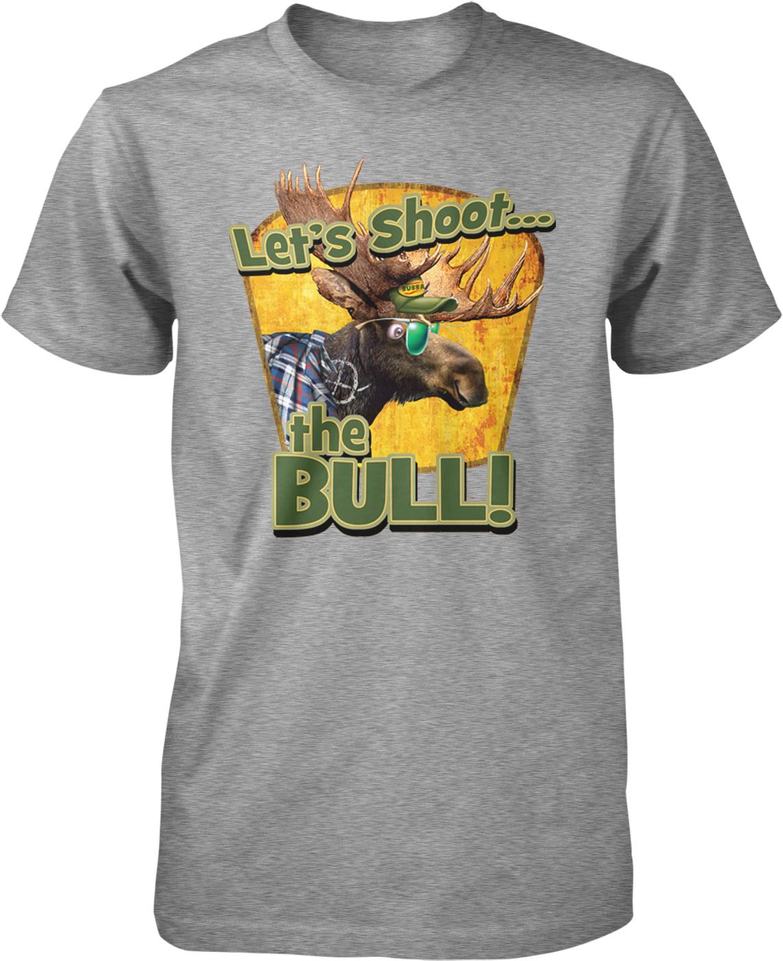 A gray t-shirt with a graphic design featuring a moose wearing sunglasses and the text "Let's Shoot... the Bull!"