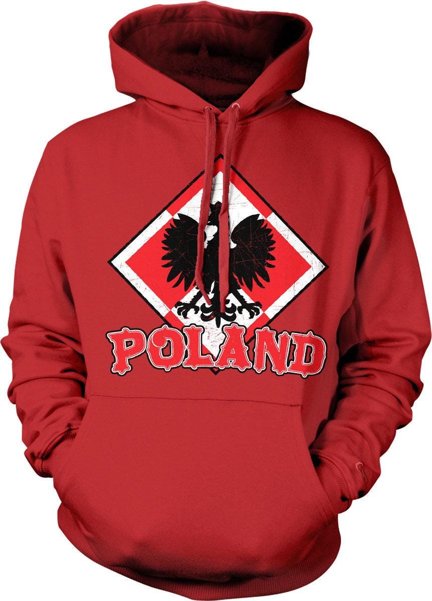 Poland Coat of Arms Sweatshirt – White Eagle Hoodie With Double-Ply Hood & Pouch Pocket