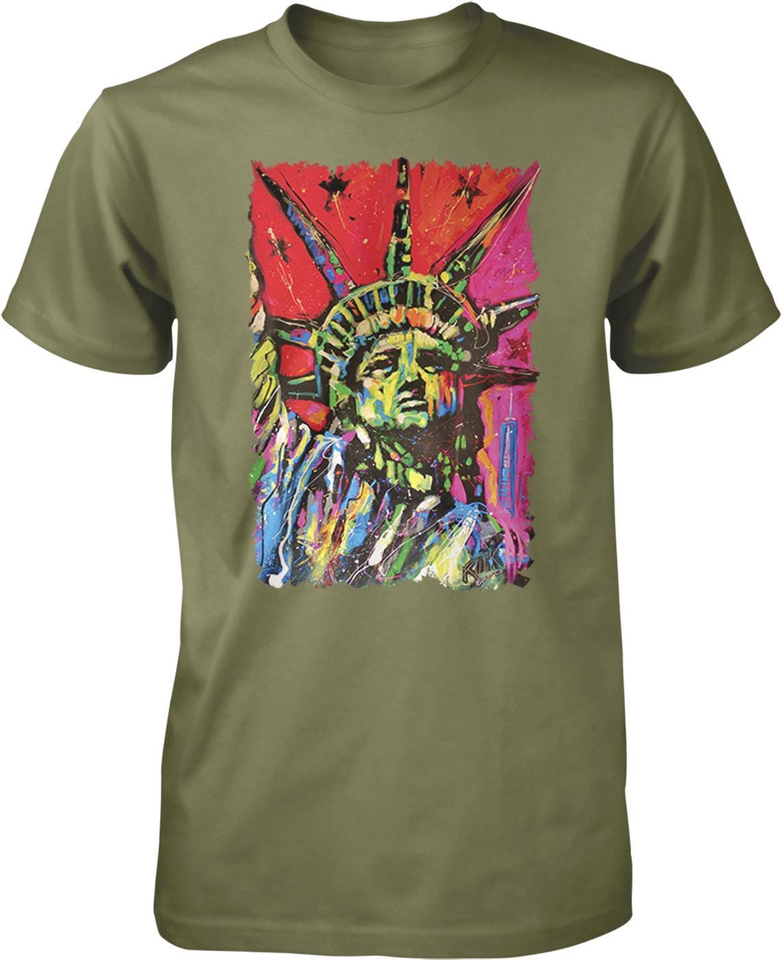 A t-shirt with a colorful, abstract painting of the Statue of Liberty on it.