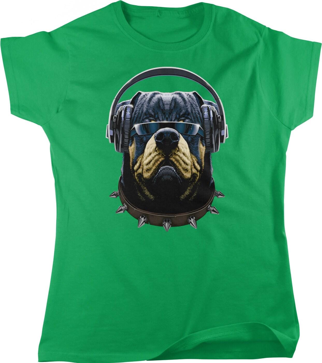 Rottweiler T-Shirt – Women's Graphic Tee with Headphones Sunglasses Design