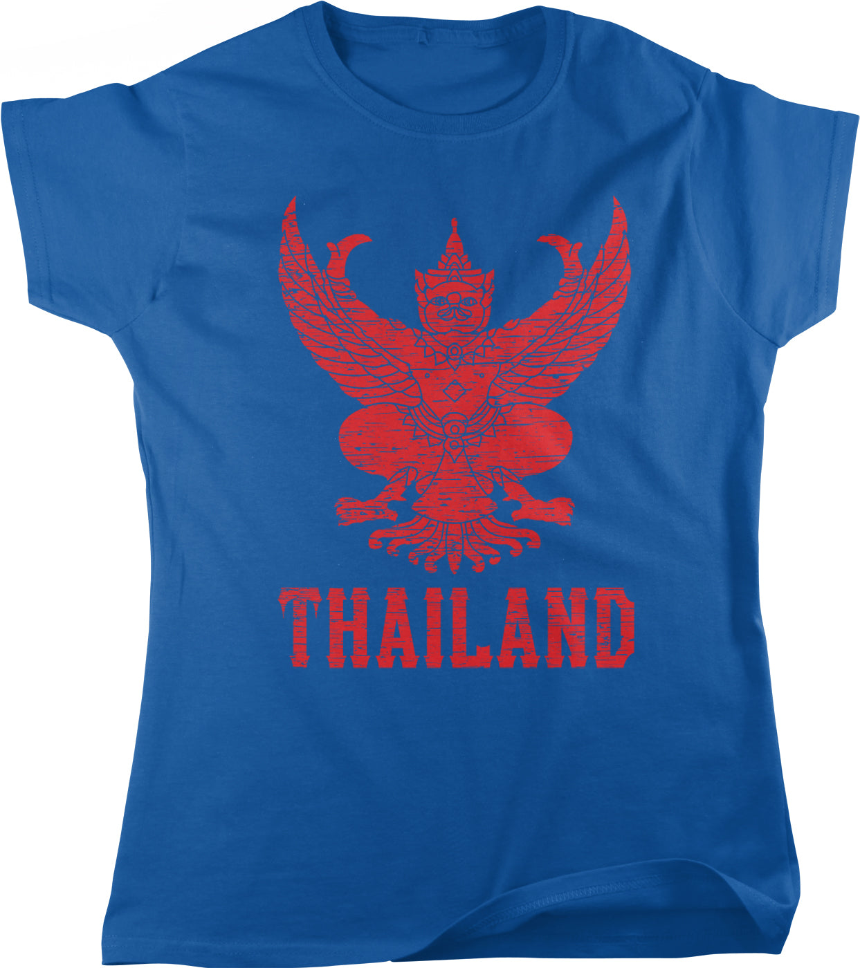A blue t-shirt with a red graphic design depicting a red dragon or mythical creature with wings and a crown, along with the word "THAILAND" written below.