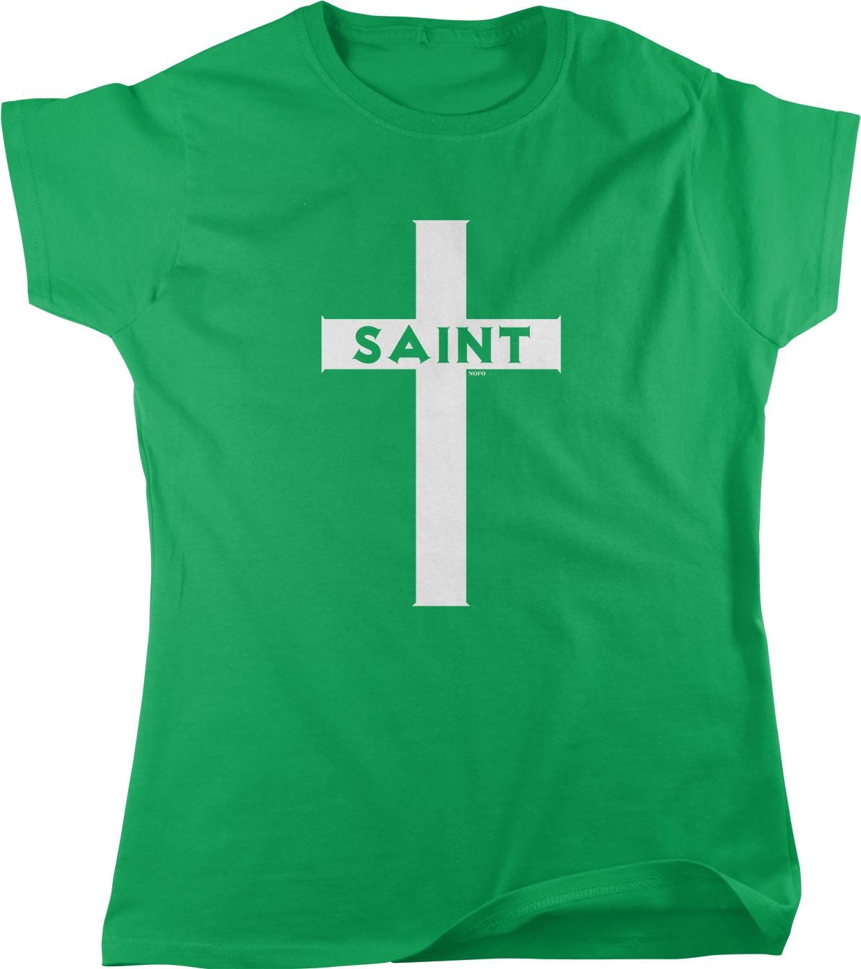 A green t-shirt with a white cross graphic and the word "SAINT" printed on it.