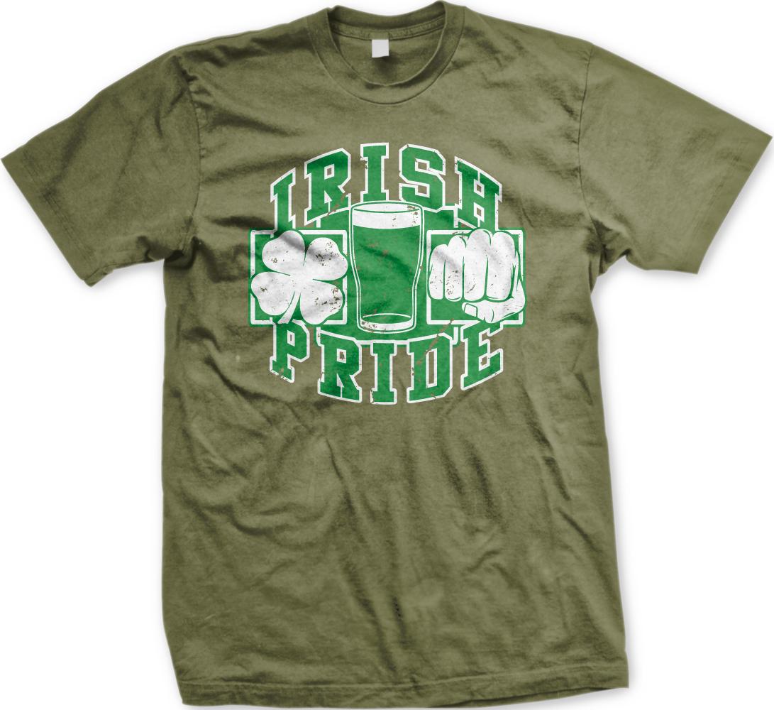A green t-shirt with a graphic design featuring a glass of beer and the text "IRISH PRIDE" in a stylized font.