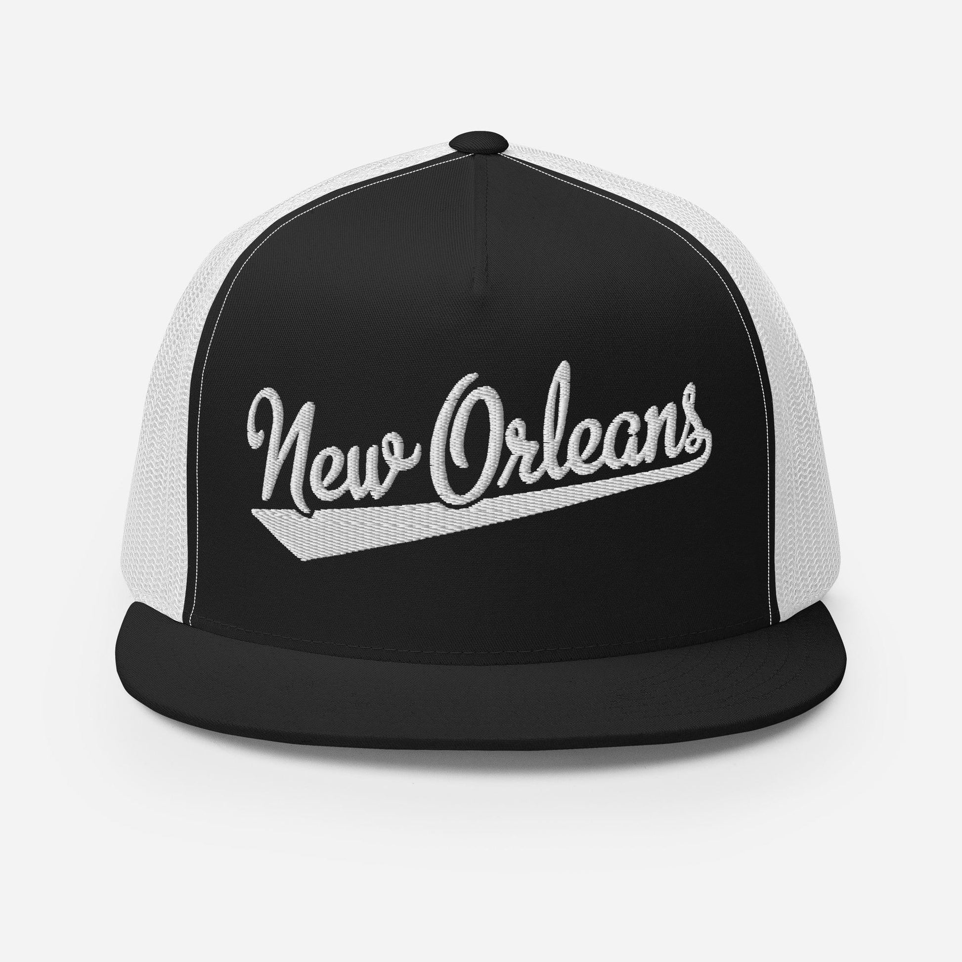 A black and white baseball cap with the text "New Orleans" embroidered on it.