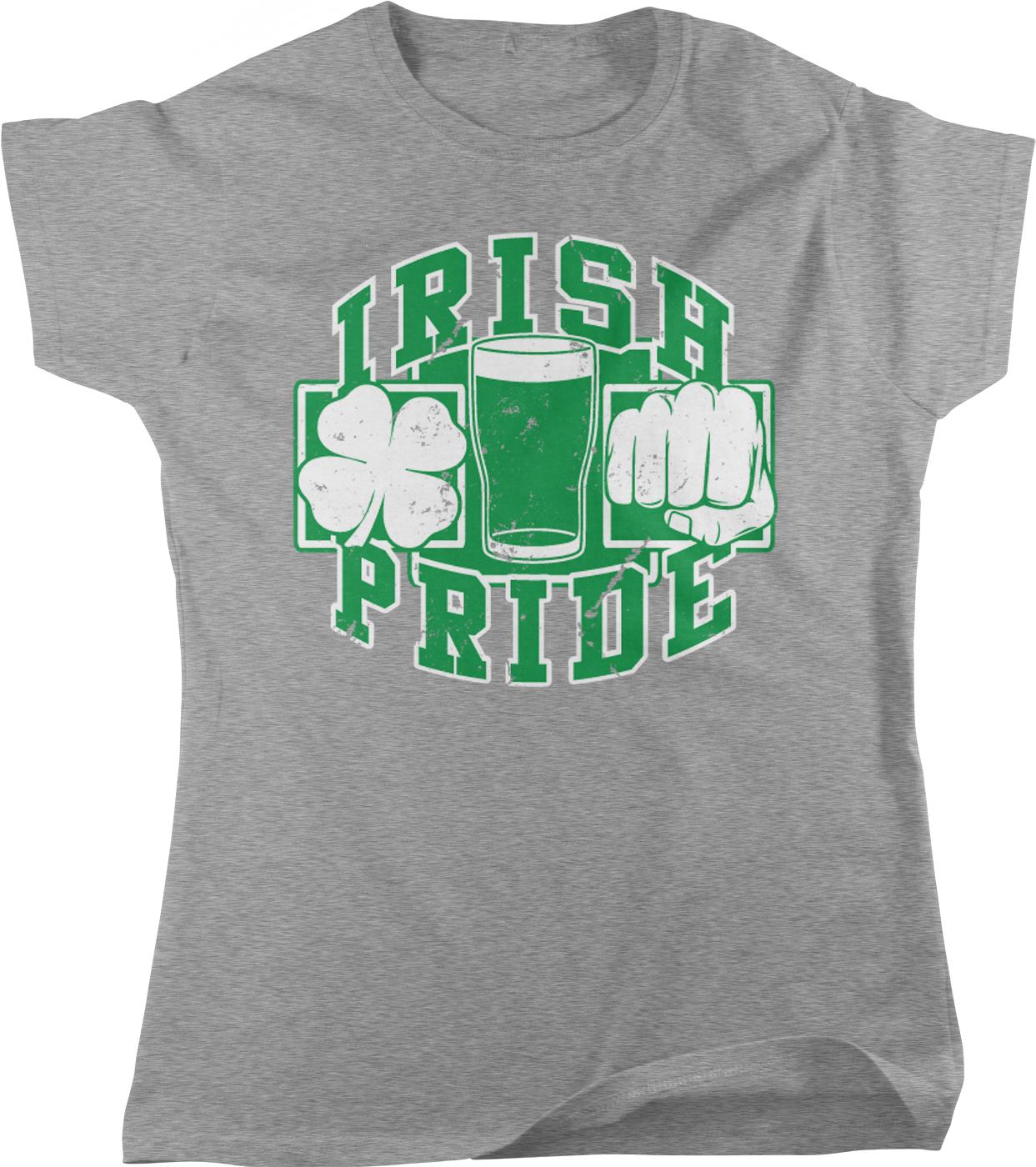 A gray t-shirt with a graphic design featuring the text "IRISH PRIDE" and a clover leaf, along with a fist symbol, all rendered in green and white.