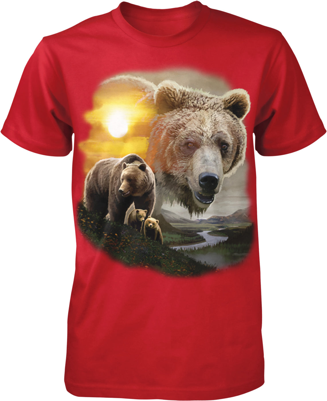 A red t-shirt with a graphic design depicting two bears in a natural setting, with a sunset in the background.
