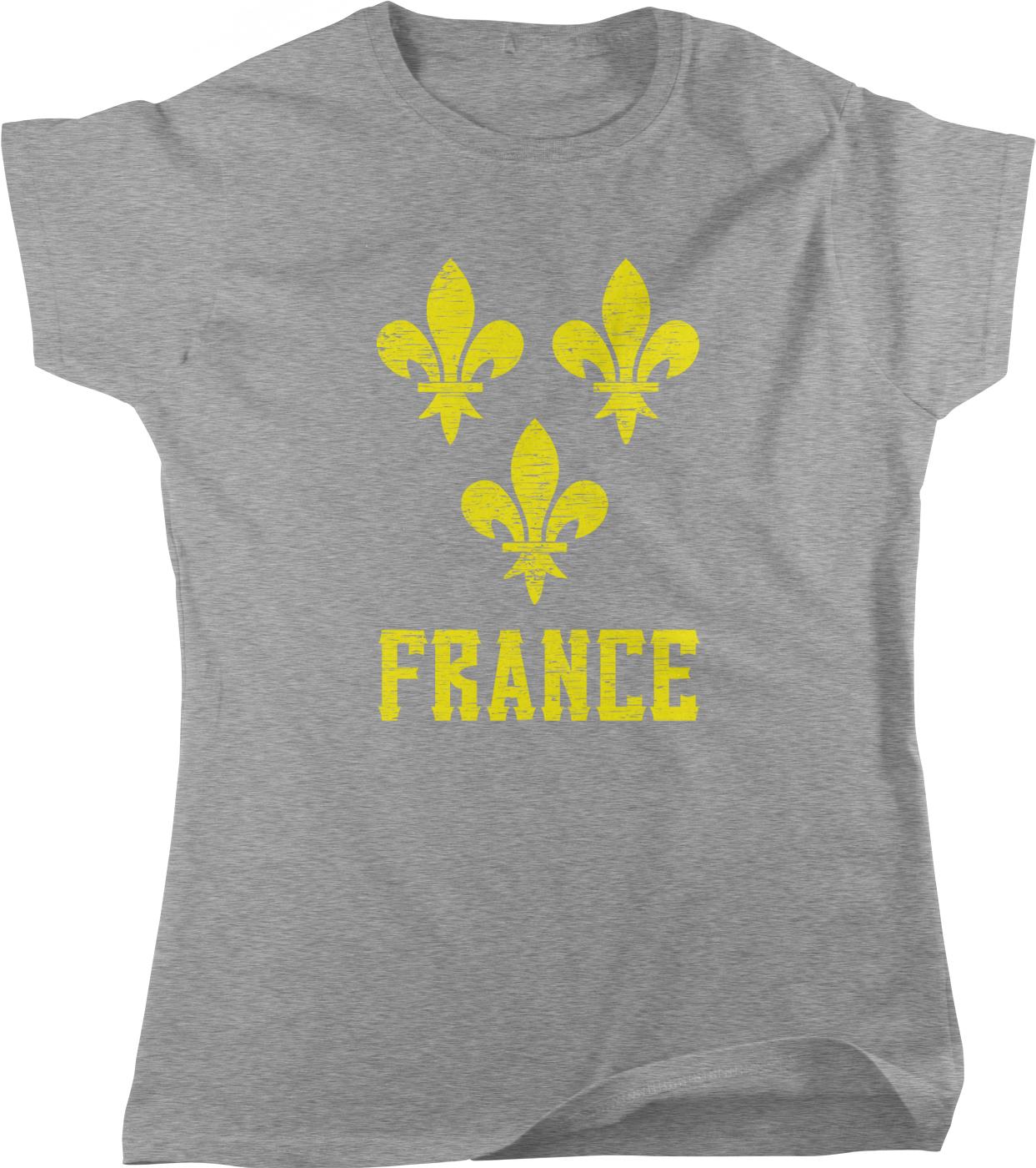 A gray t-shirt with a graphic design featuring three yellow fleur-de-lis symbols and the word "FRANCE" written below them.