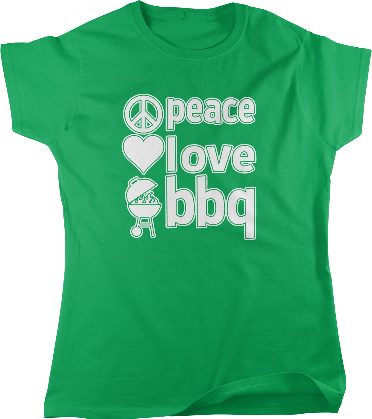 A green t-shirt with white text that says "Peace Love BBQ".