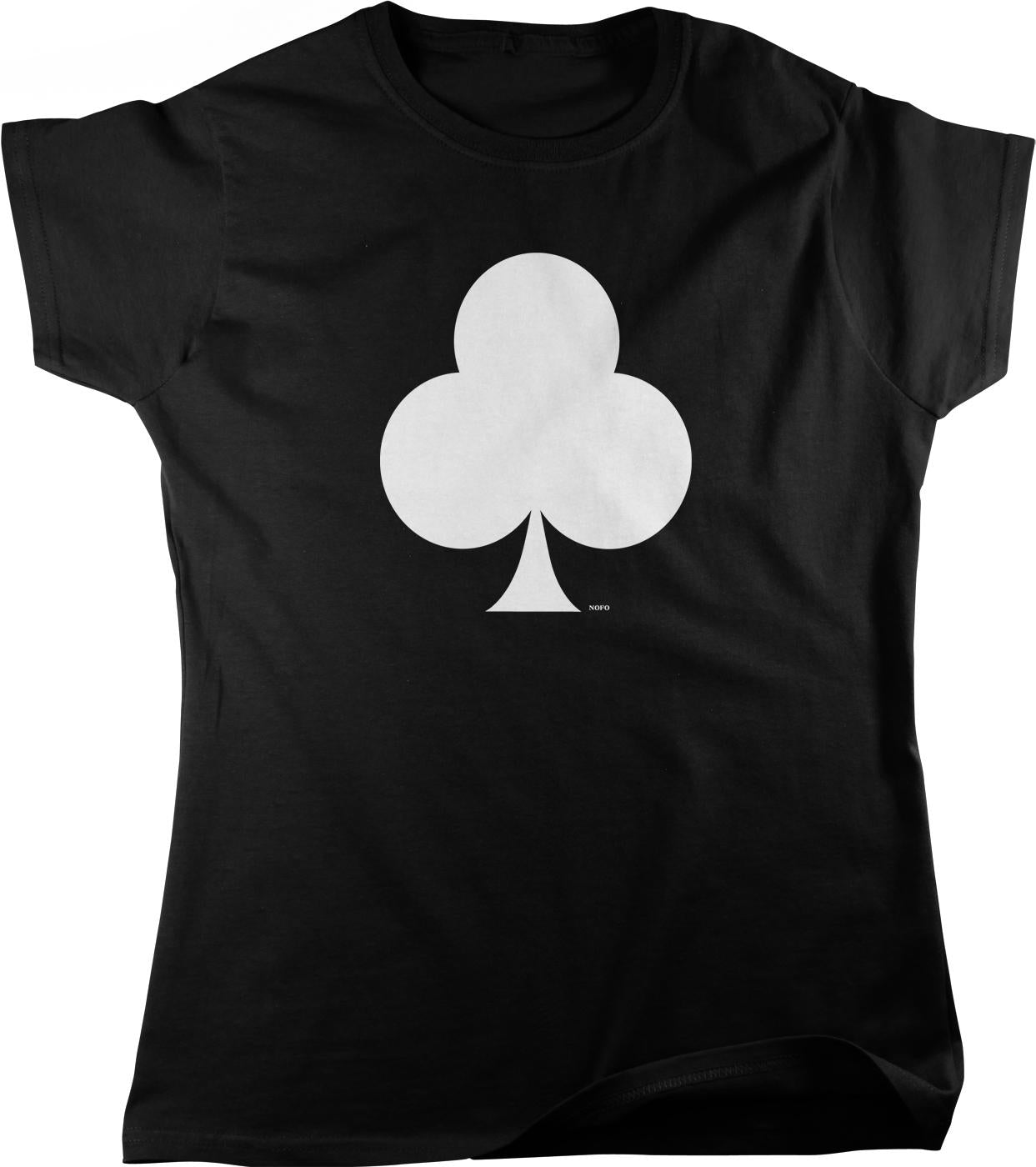 A black t-shirt with a white graphic of a three-leaf clover on it.