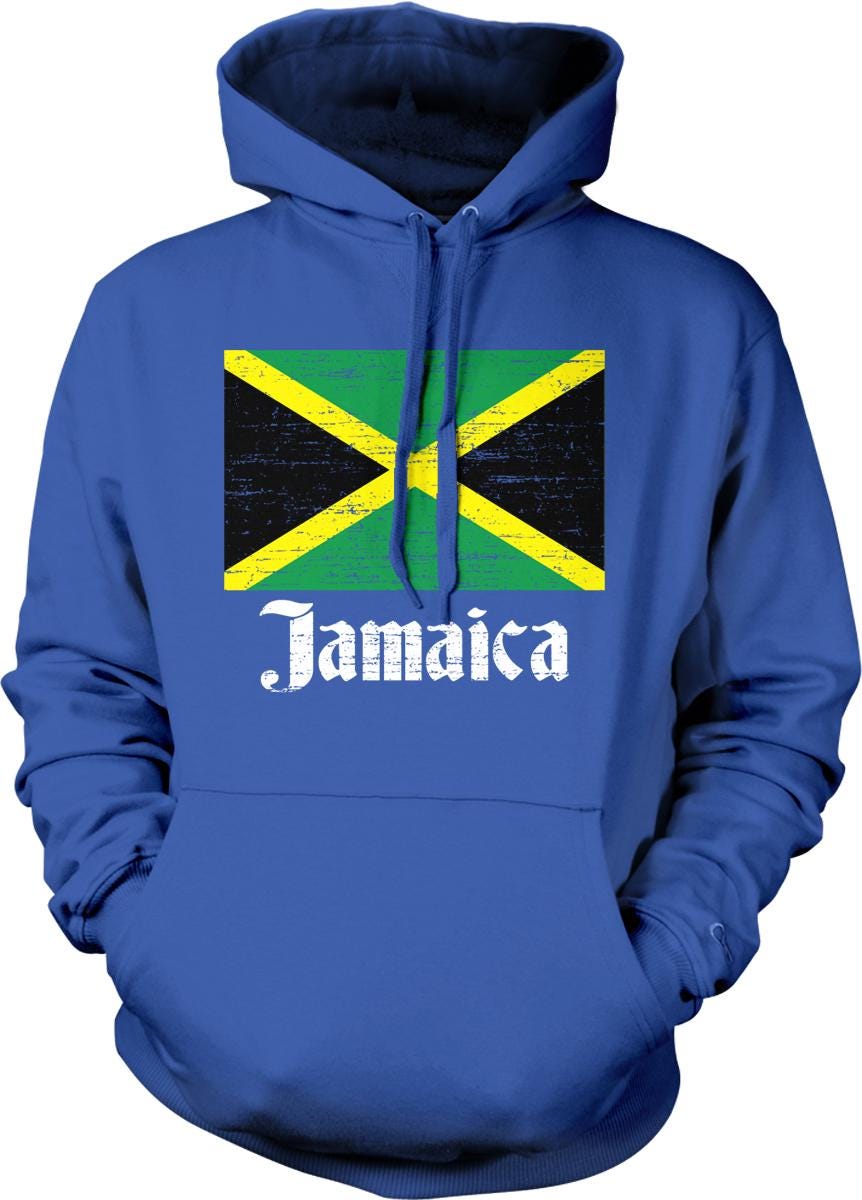 A blue hoodie with a graphic of the Jamaican flag and the word "Jamaica" printed on it.