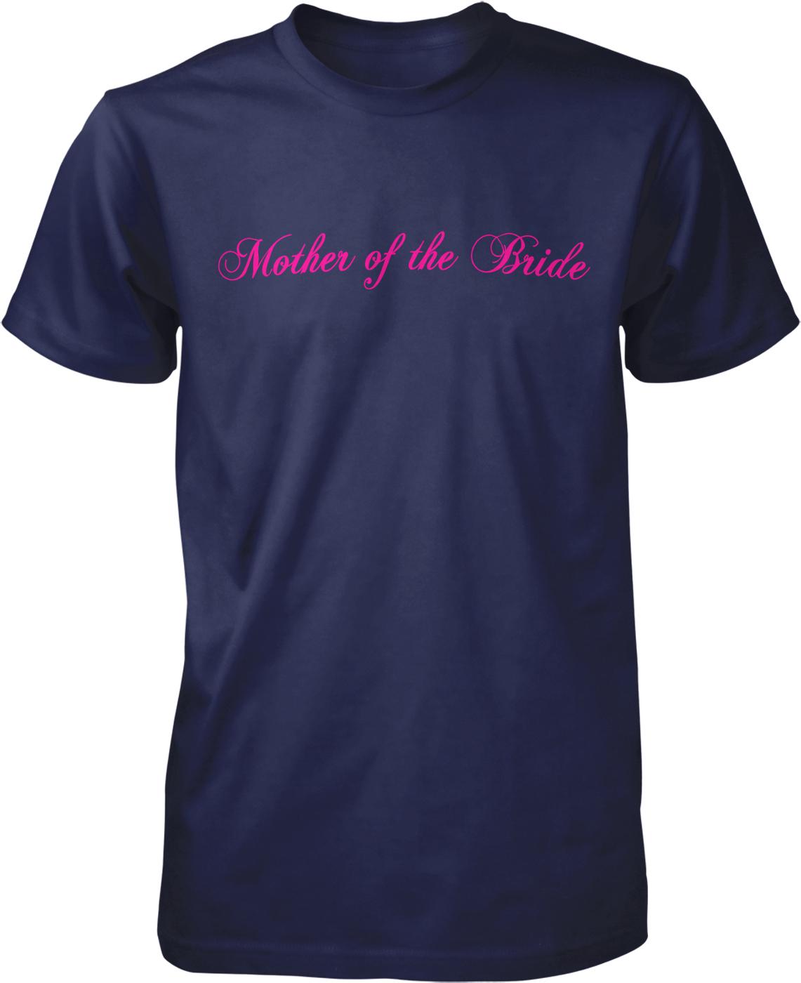 A navy blue t-shirt with the text "Mother of the Bride" printed in pink on it.