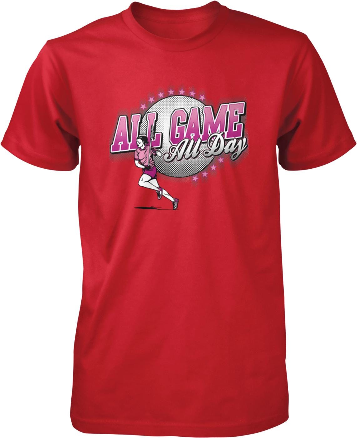 A red t-shirt with a graphic design featuring a woman running and the text "All Game All Day" in pink and white colors.