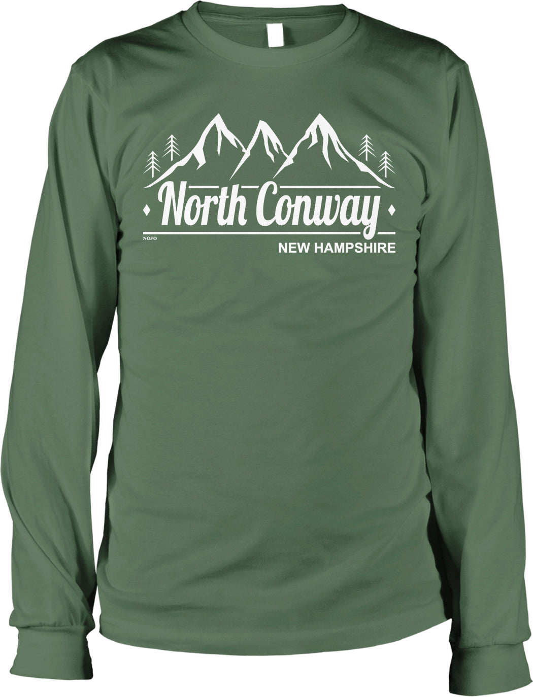A green long-sleeved t-shirt with a graphic design depicting mountains and the text "North Conway, New Hampshire" printed on it.