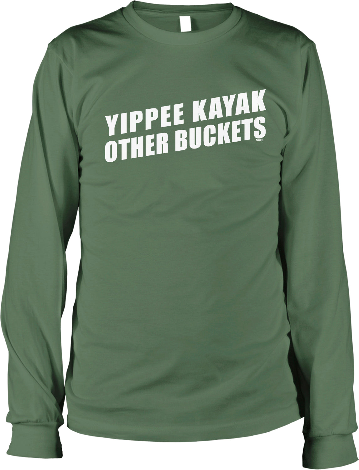 A green long-sleeved t-shirt with white text printed on it.