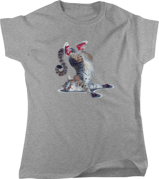 Cool Cat T-Shirt - Women's Cotton Tee with Playful Cat Design & Sneakers Art