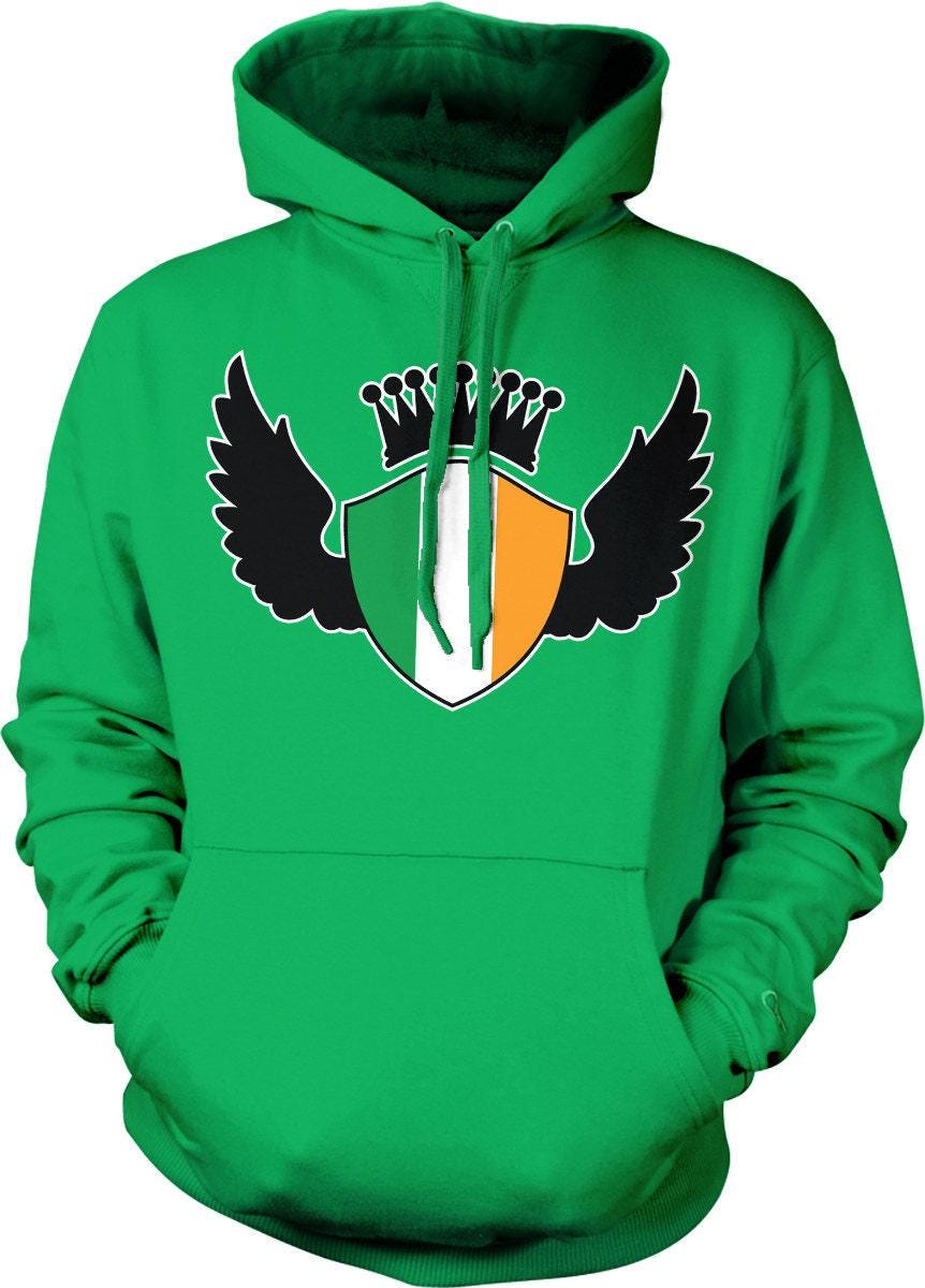 Irish Shield Hoodie - St Patrick's Day Hoodie With Wings Graphic & Pouch Pocket