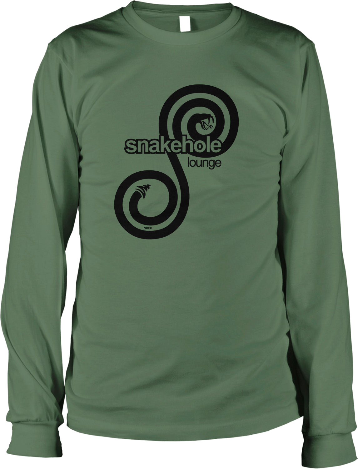 A long-sleeved green t-shirt with a black graphic design featuring a stylized snake or snake-like shape and the text "snakehole lounge" printed on it.