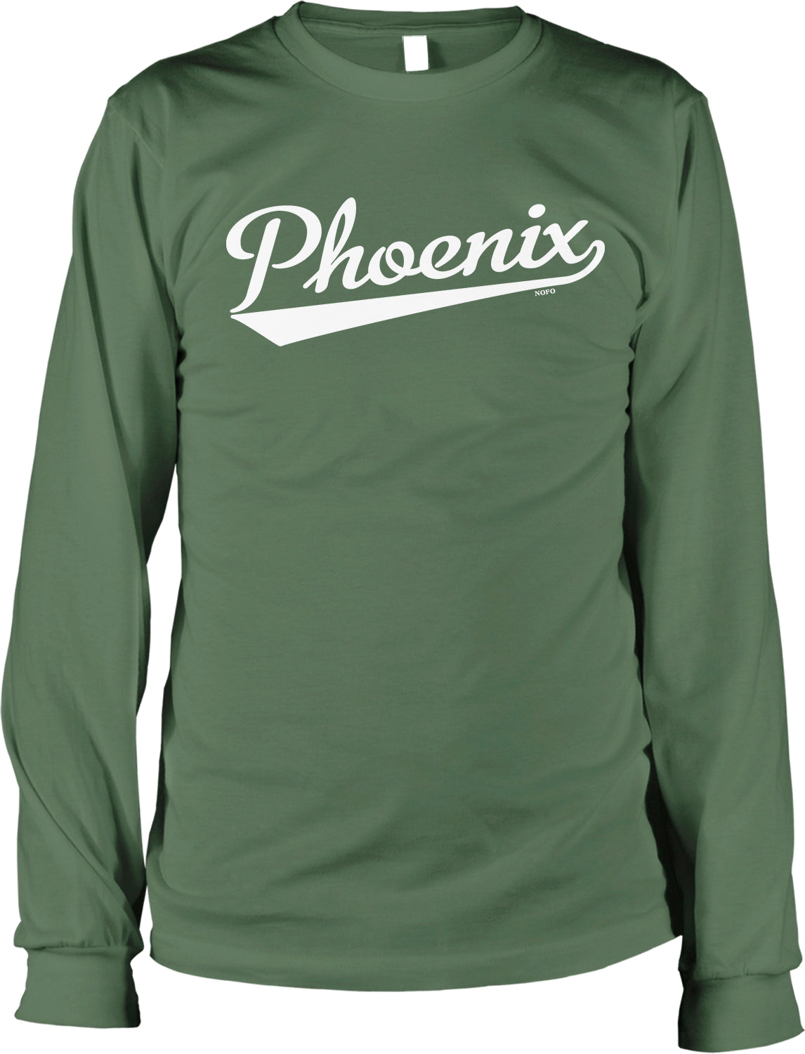 A long-sleeved green t-shirt with the word "Phoenix" printed in white text across the front.