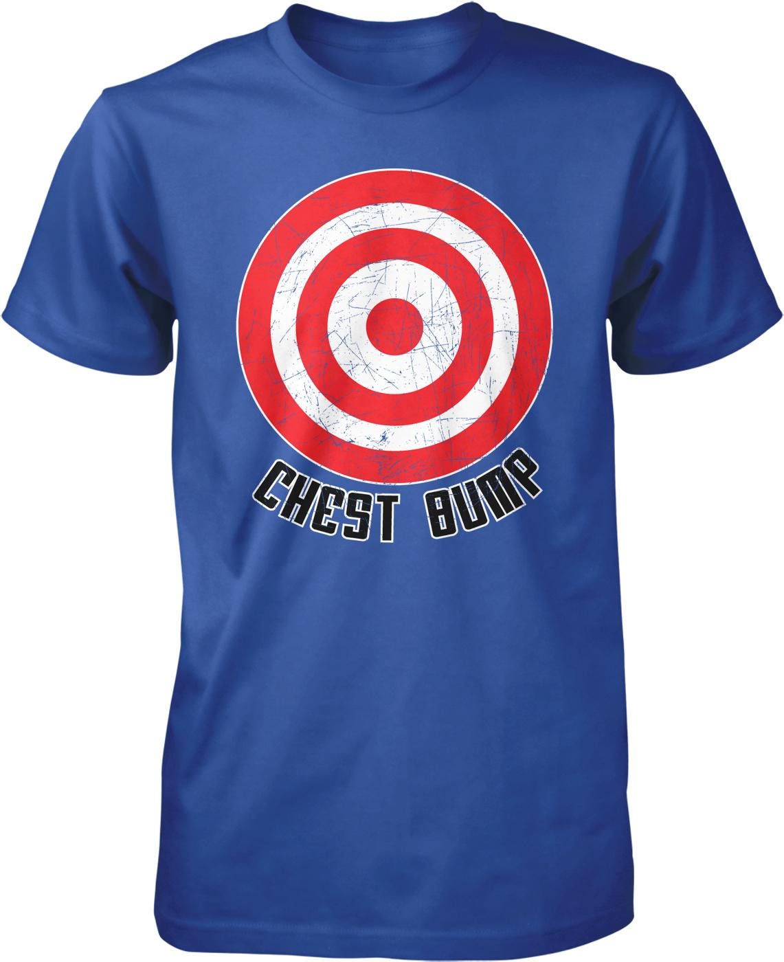 A blue t-shirt with a red and white target design and the text "CHEST BUMP" printed on it.