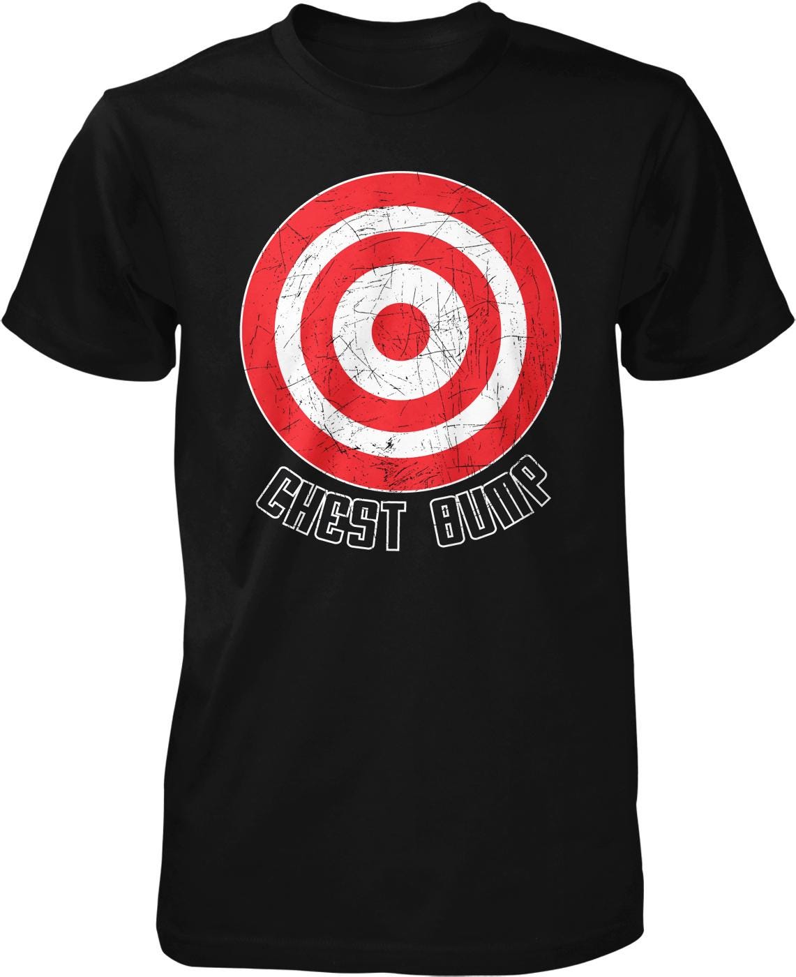 A black t-shirt with a red and white target design and the text "CHEST BUMP" printed on it.
