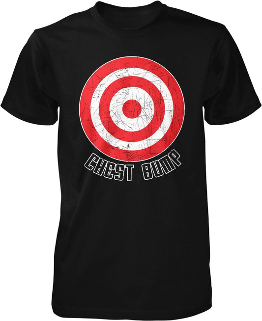 A black t-shirt with a red and white target design and the text "CHEST BUMP" printed on it.