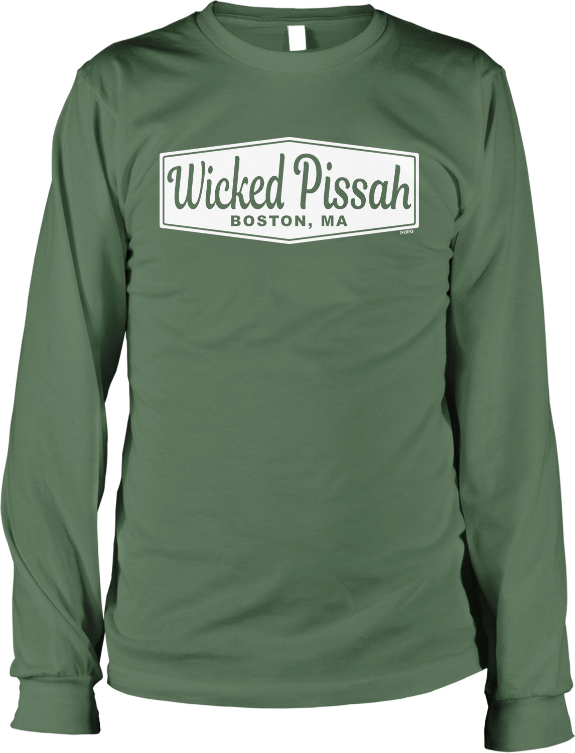 A green long-sleeved shirt with the text "Wicked Pissah Boston, MA" printed on it.