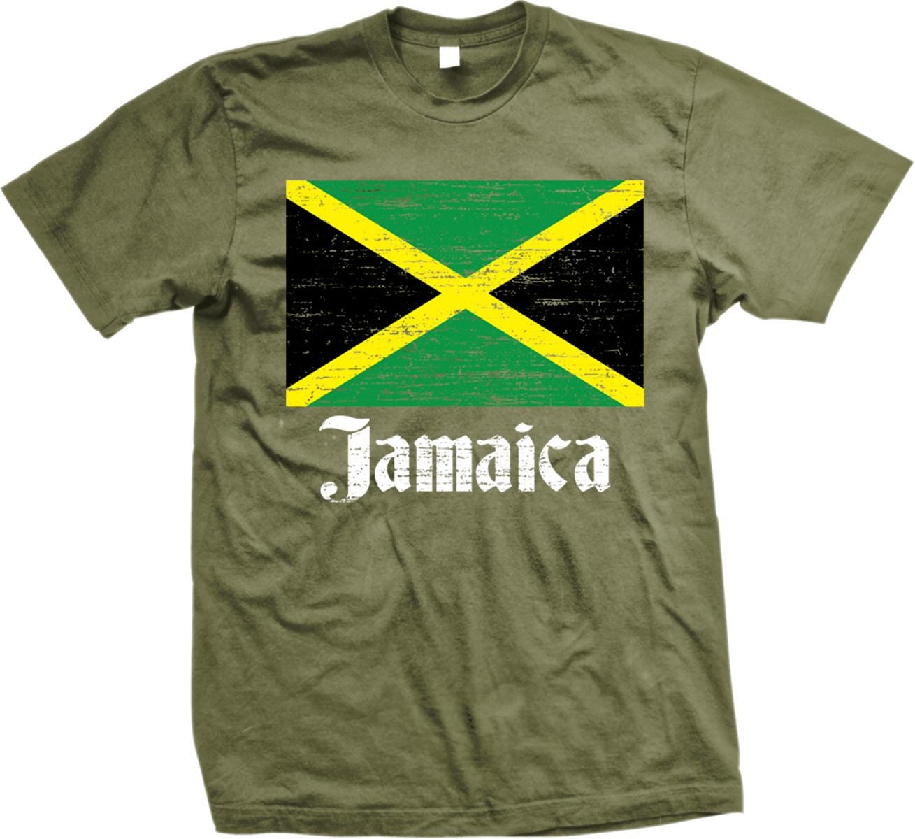 A t-shirt with a graphic of the Jamaican flag and the word "Jamaica" printed on it.