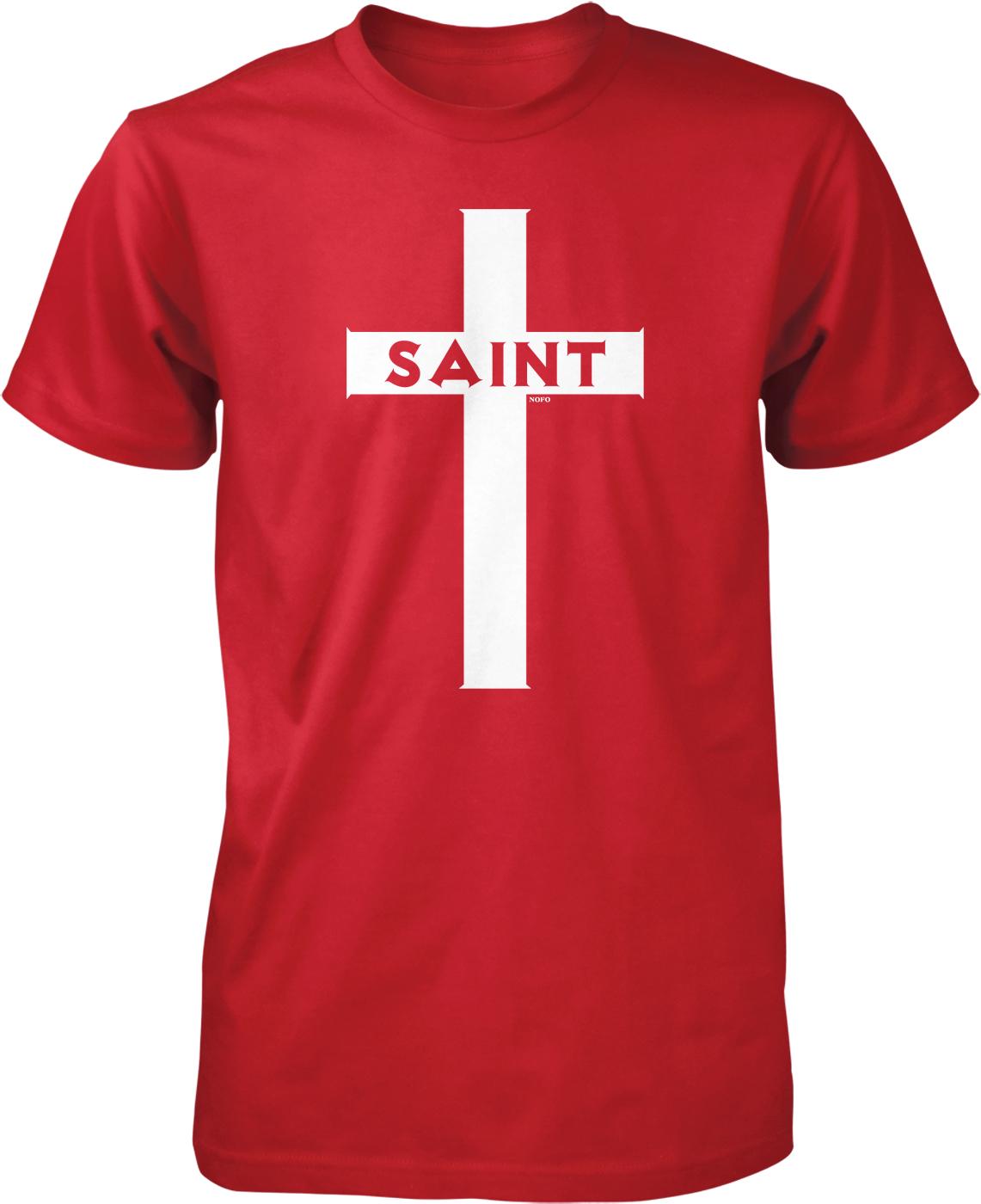 A red t-shirt with a white cross and the word "SAINT" printed on it.