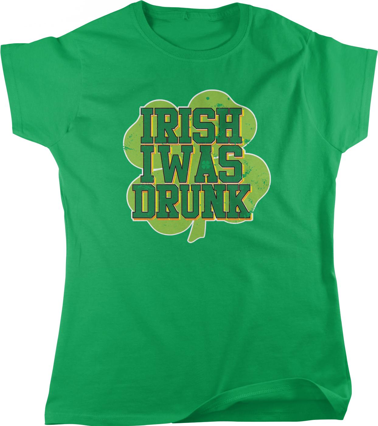 A green t-shirt with the text "IRISH WAS DRINK" printed on it, along with a shamrock graphic.