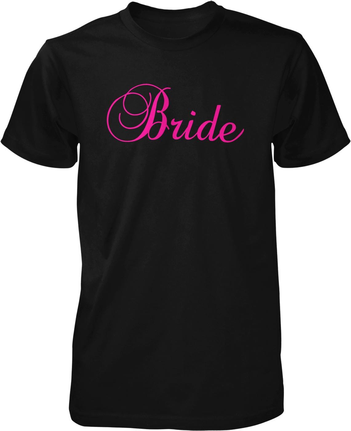A black t-shirt with the word "Bride" printed in pink cursive text.
