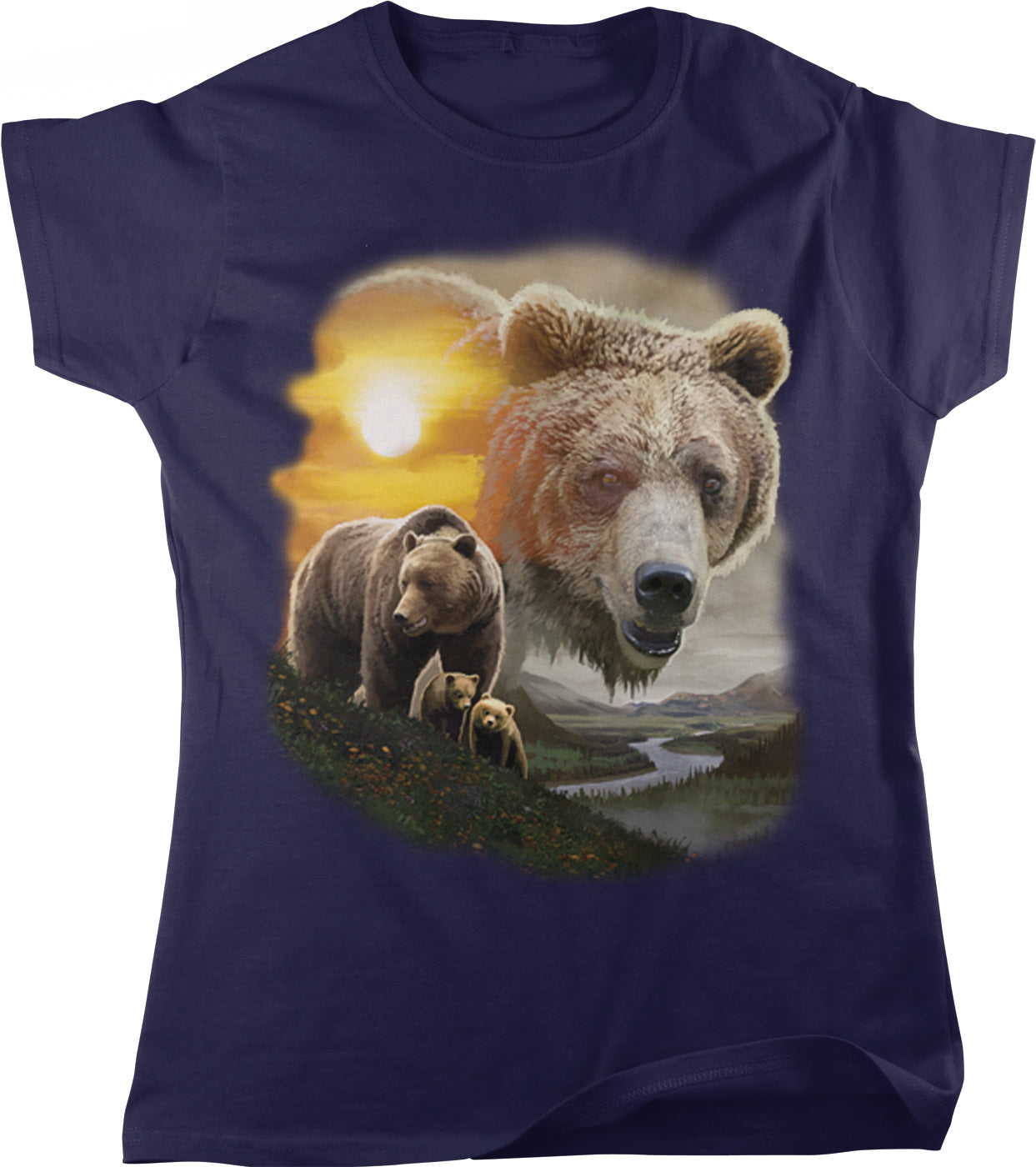A t-shirt design featuring a large brown bear in the foreground and two smaller bears in the background, set against a scenic landscape with a sunset and mountains.