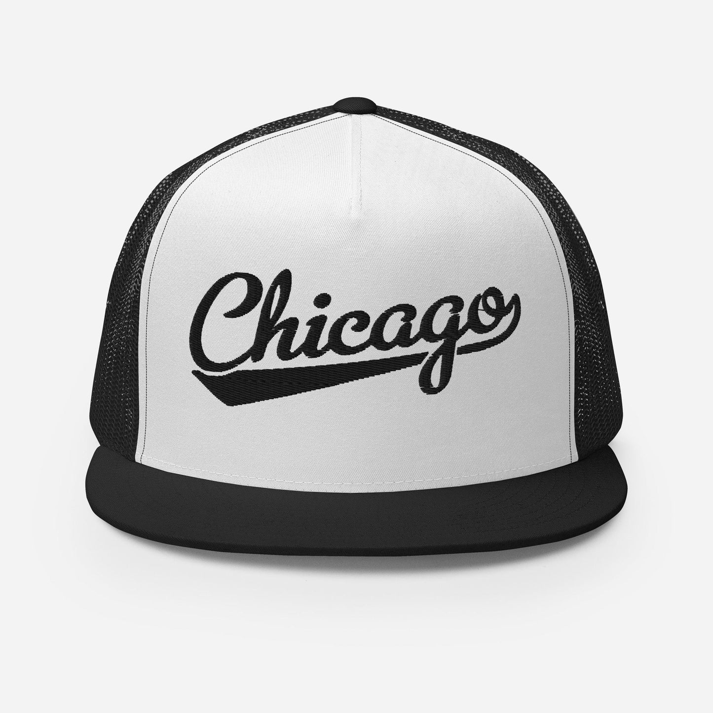 A black and white baseball cap with the word "Chicago" printed on it.