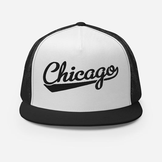A black and white baseball cap with the word "Chicago" printed on it.