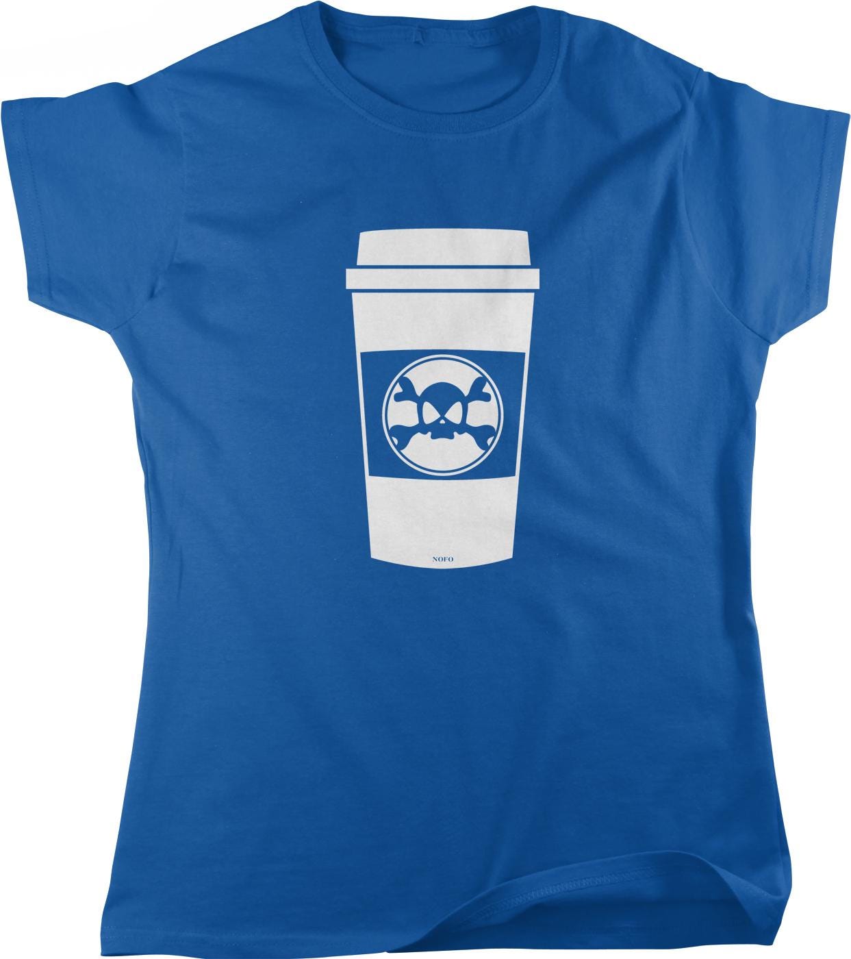 A blue t-shirt with a white coffee cup graphic printed on it.