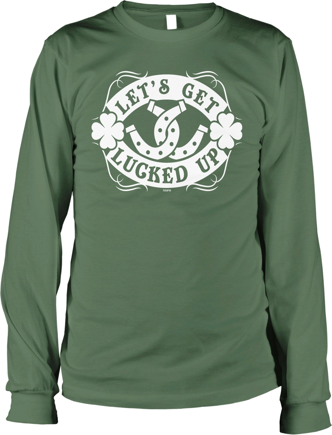 A green long-sleeved t-shirt with a white graphic design on it. The design features a horseshoe symbol surrounded by four clovers, and the text "Let's get lucky up" written around the horseshoe.