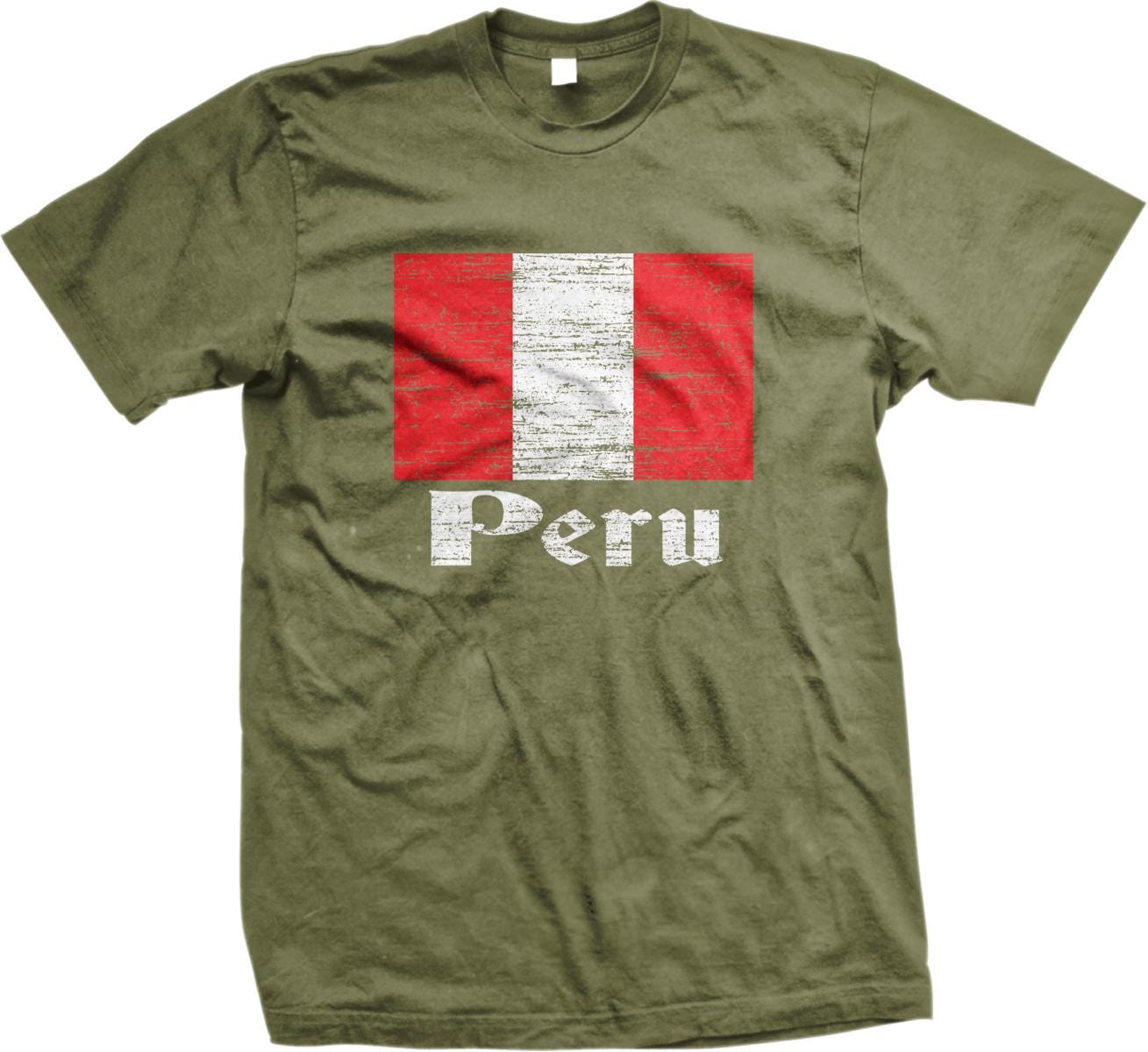 A green t-shirt with a graphic of the Peruvian flag and the word "Peru" printed on it.