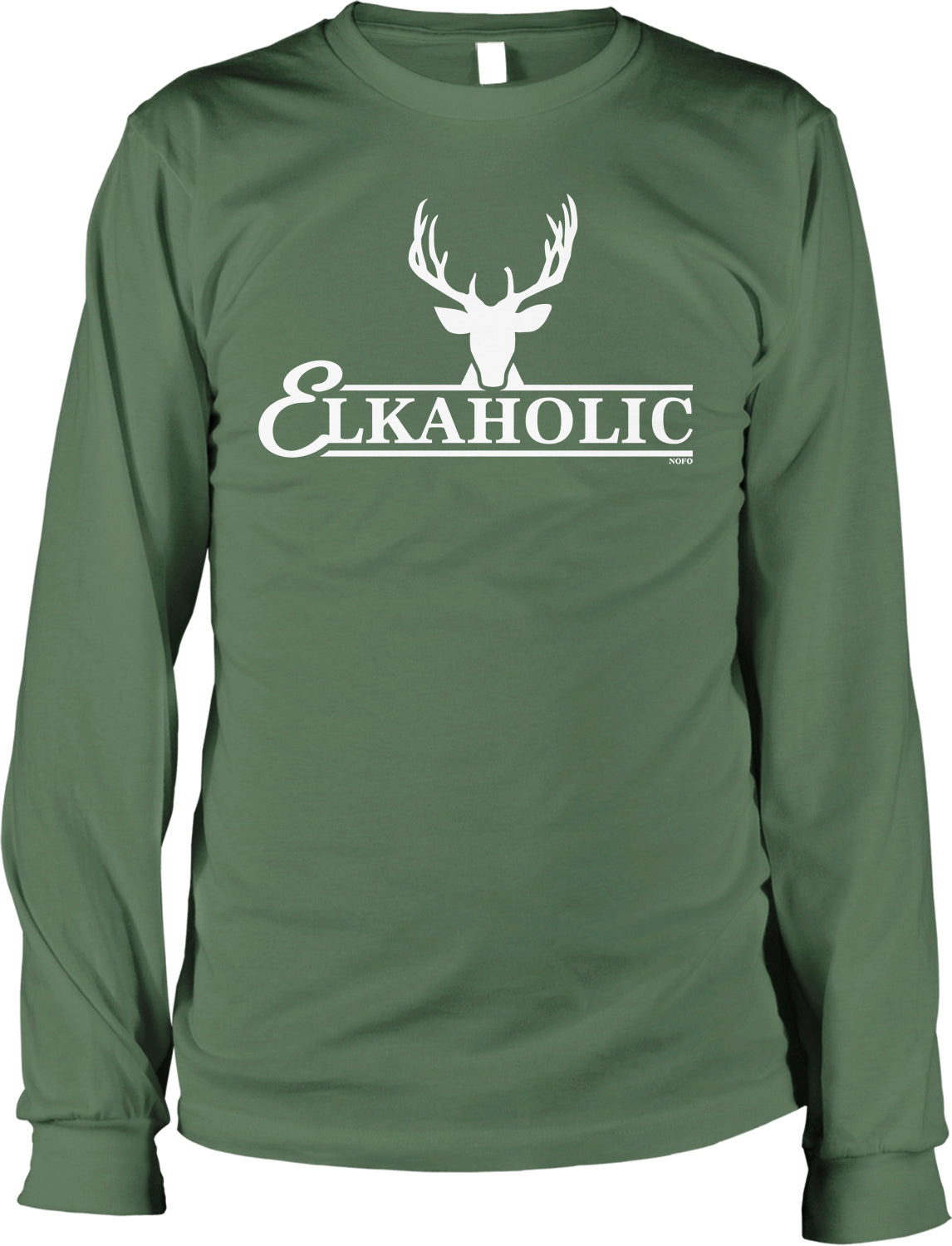 A long-sleeved green t-shirt with a white logo and text on it.
