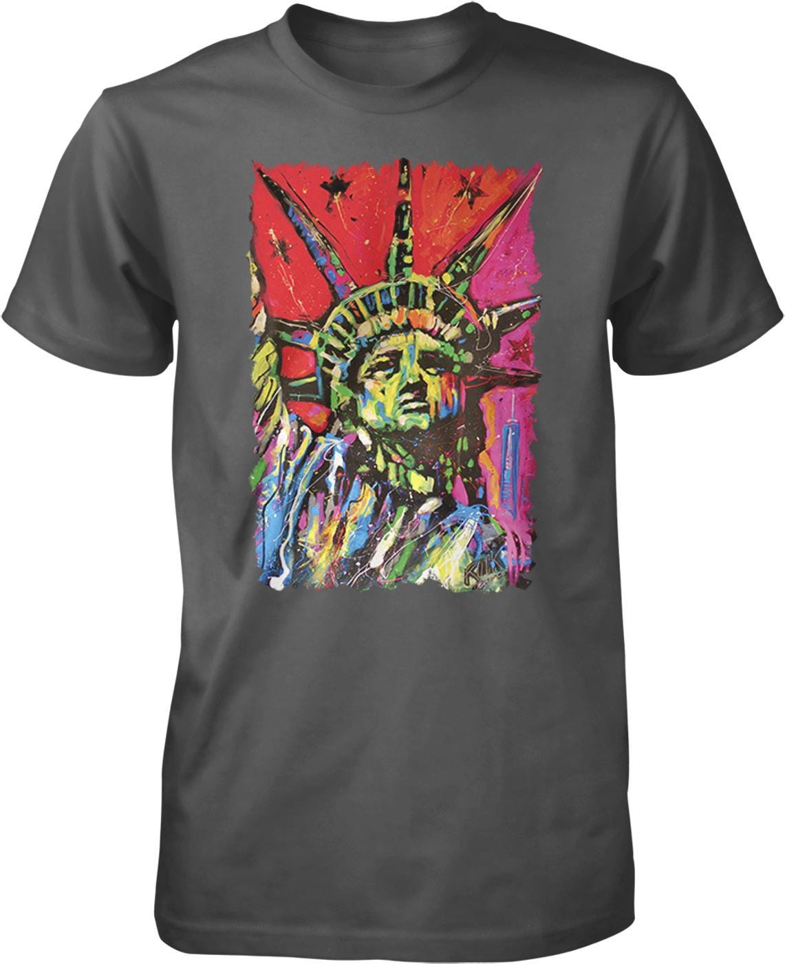 A t-shirt with a colorful, abstract painting of the Statue of Liberty in the center.