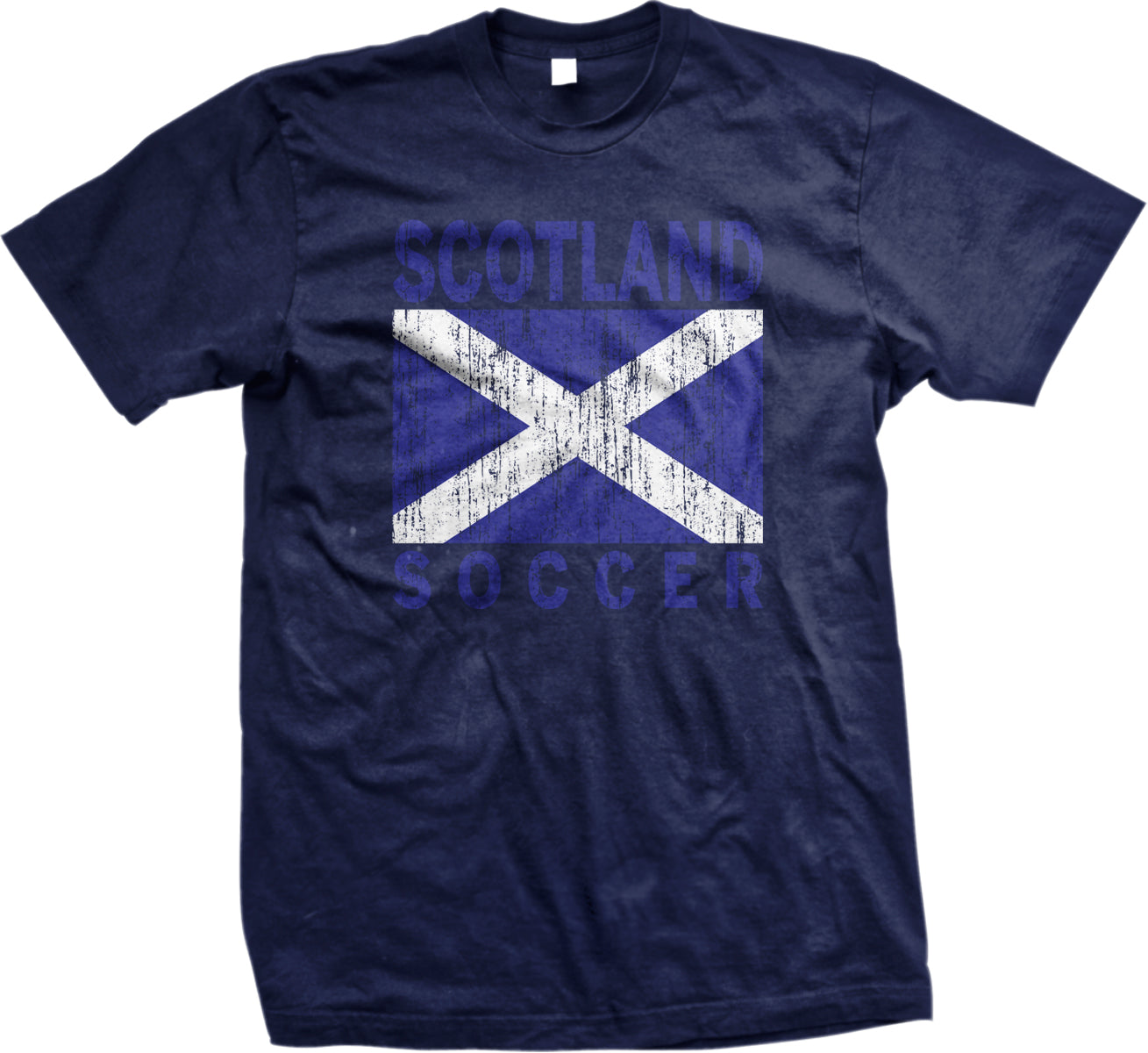 A navy blue t-shirt with a graphic design featuring the Scottish flag and the text "SCOTLAND SOCCER" printed on it.