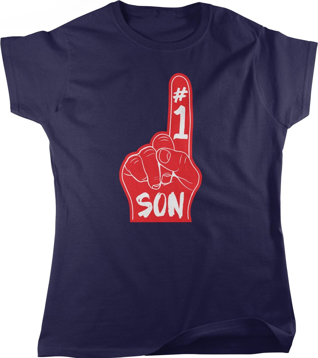 A navy blue t-shirt with a red graphic design depicting a hand with the number 1 and the word "SON" written below it.