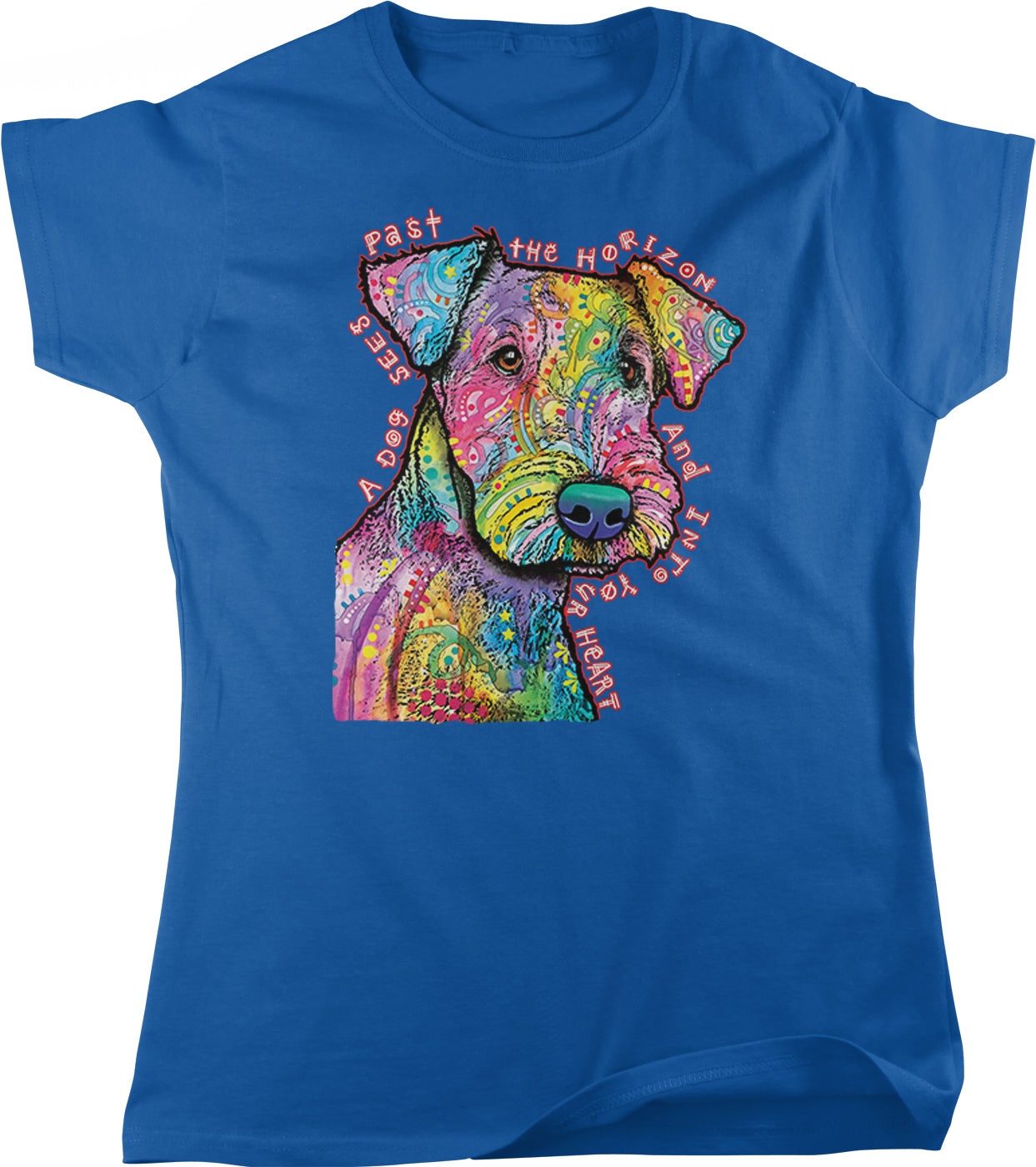A blue t-shirt with a colorful, abstract design of a dog's face surrounded by text.
