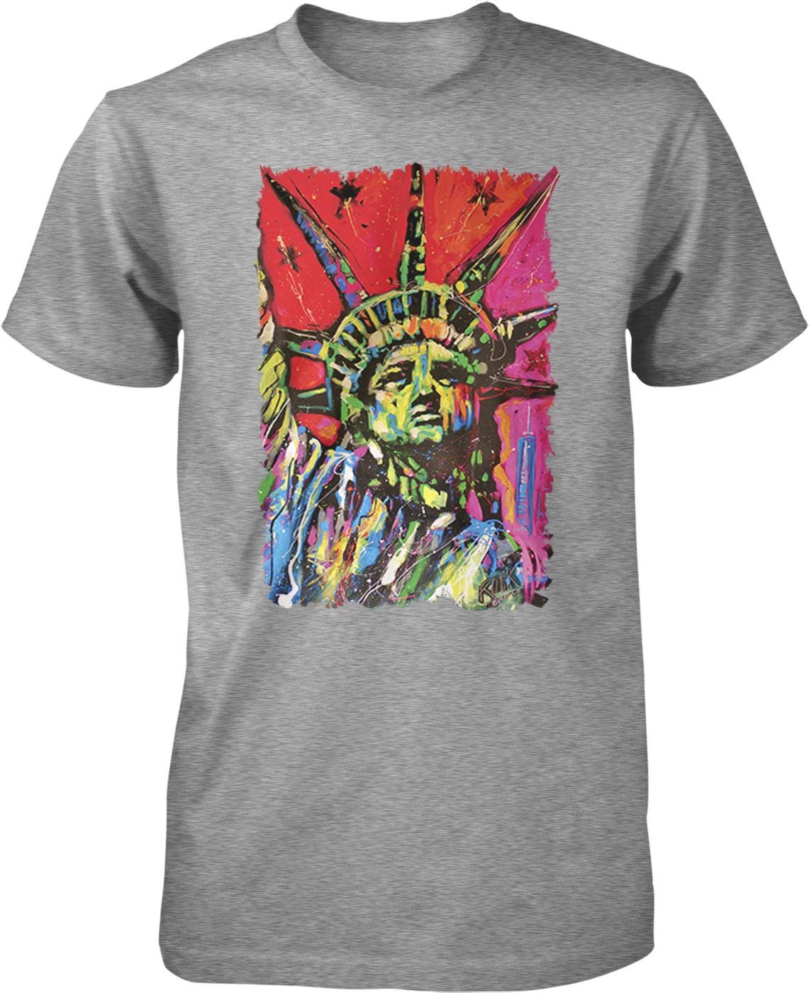 A gray t-shirt with a colorful, abstract painting of the Statue of Liberty on it.