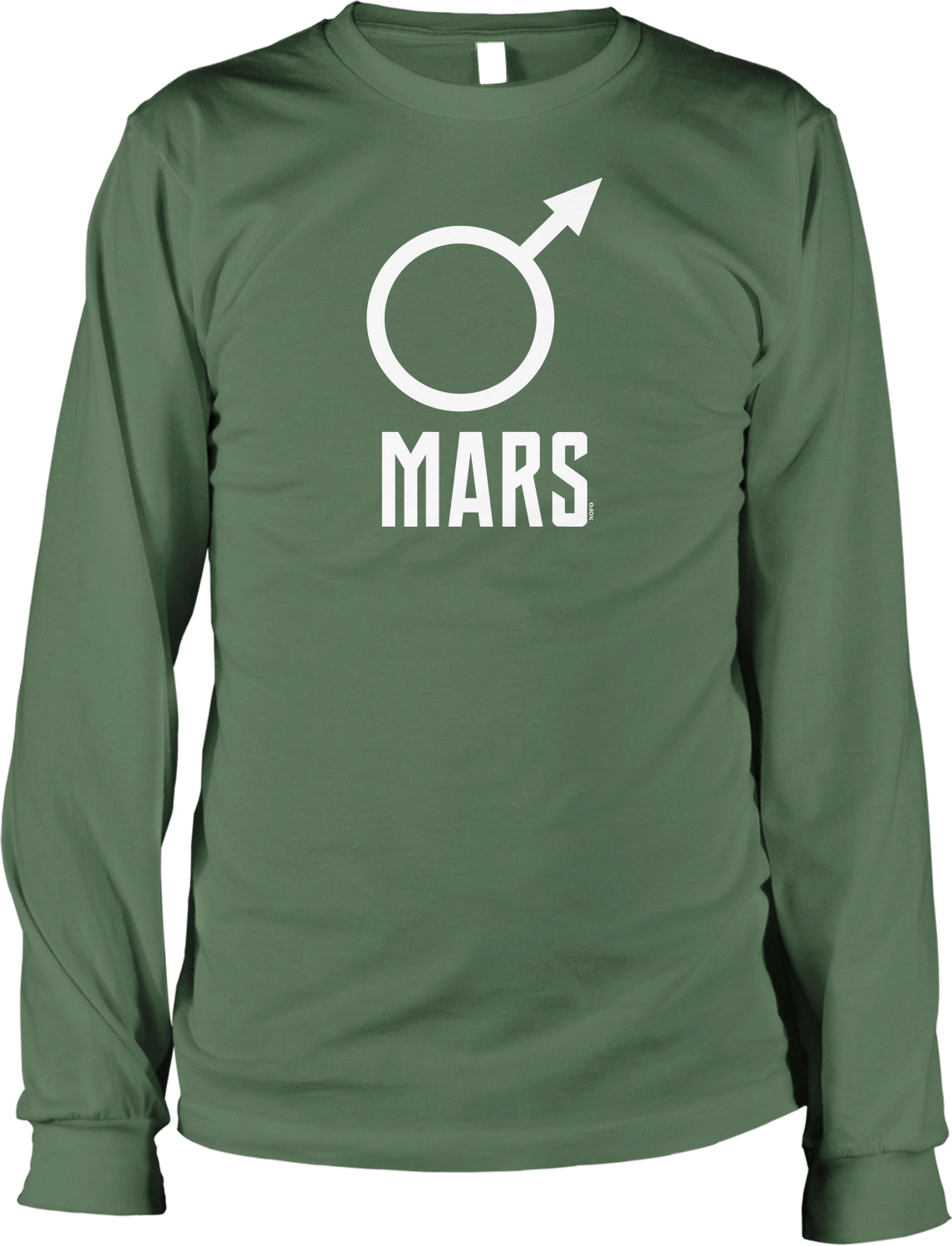 A green long-sleeved t-shirt with a white graphic design on the front, depicting a male symbol with an arrow above it and the word "MARS" below it.