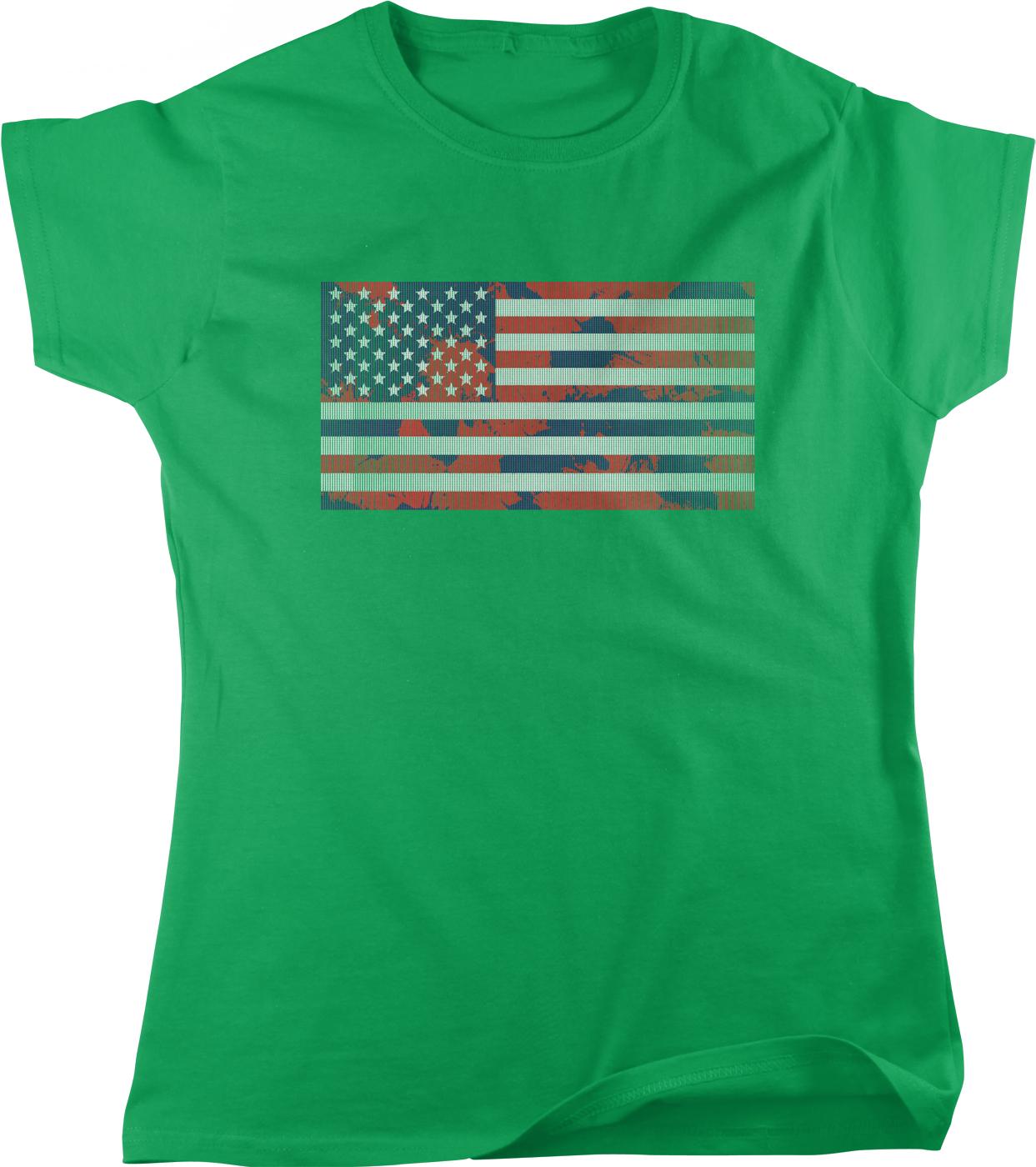 A green t-shirt with a graphic of the American flag printed on it.